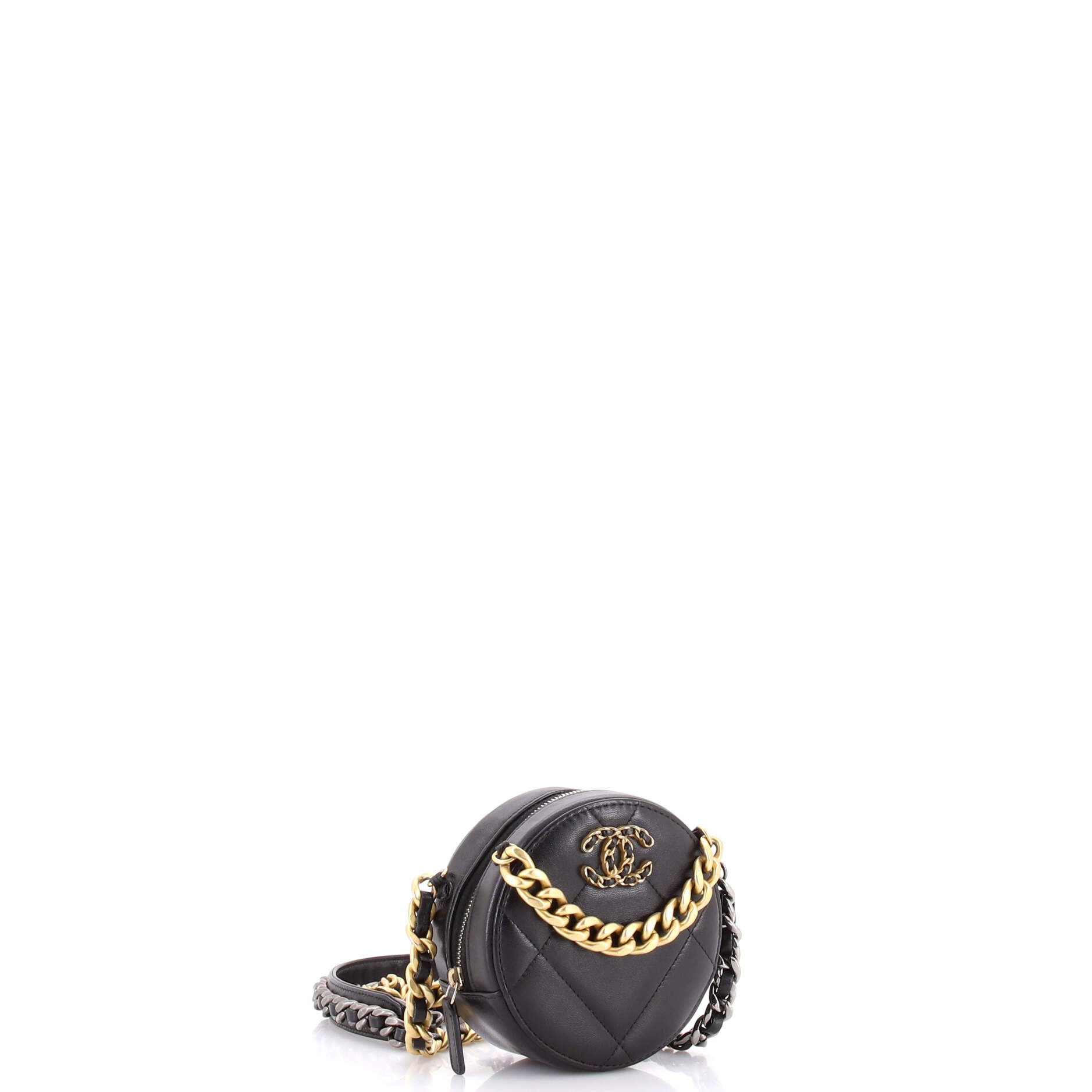 19 Round Clutch with Chain Quilted Leather