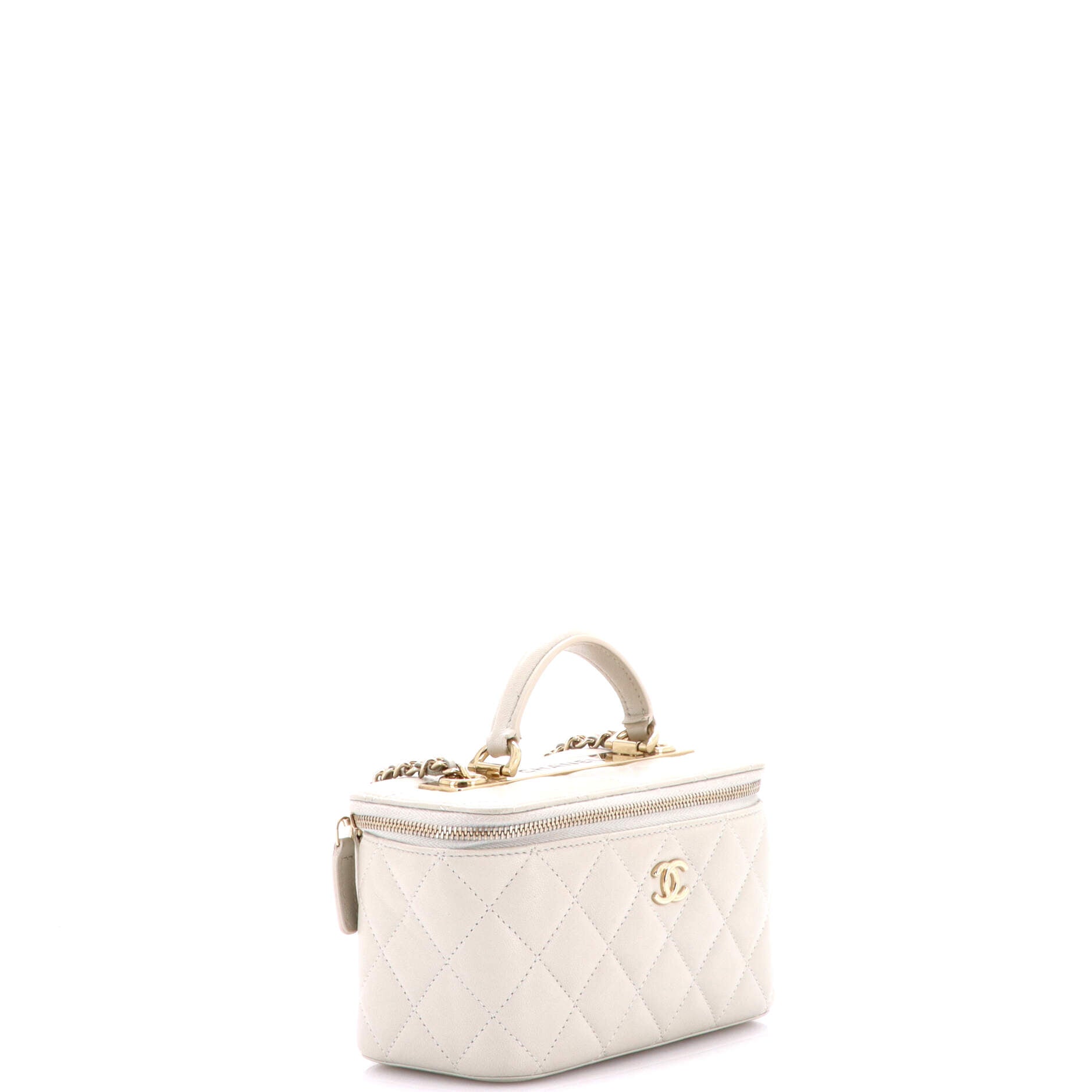 Trendy CC Top Handle Vanity Case with Chain Quilted Lambskin Small