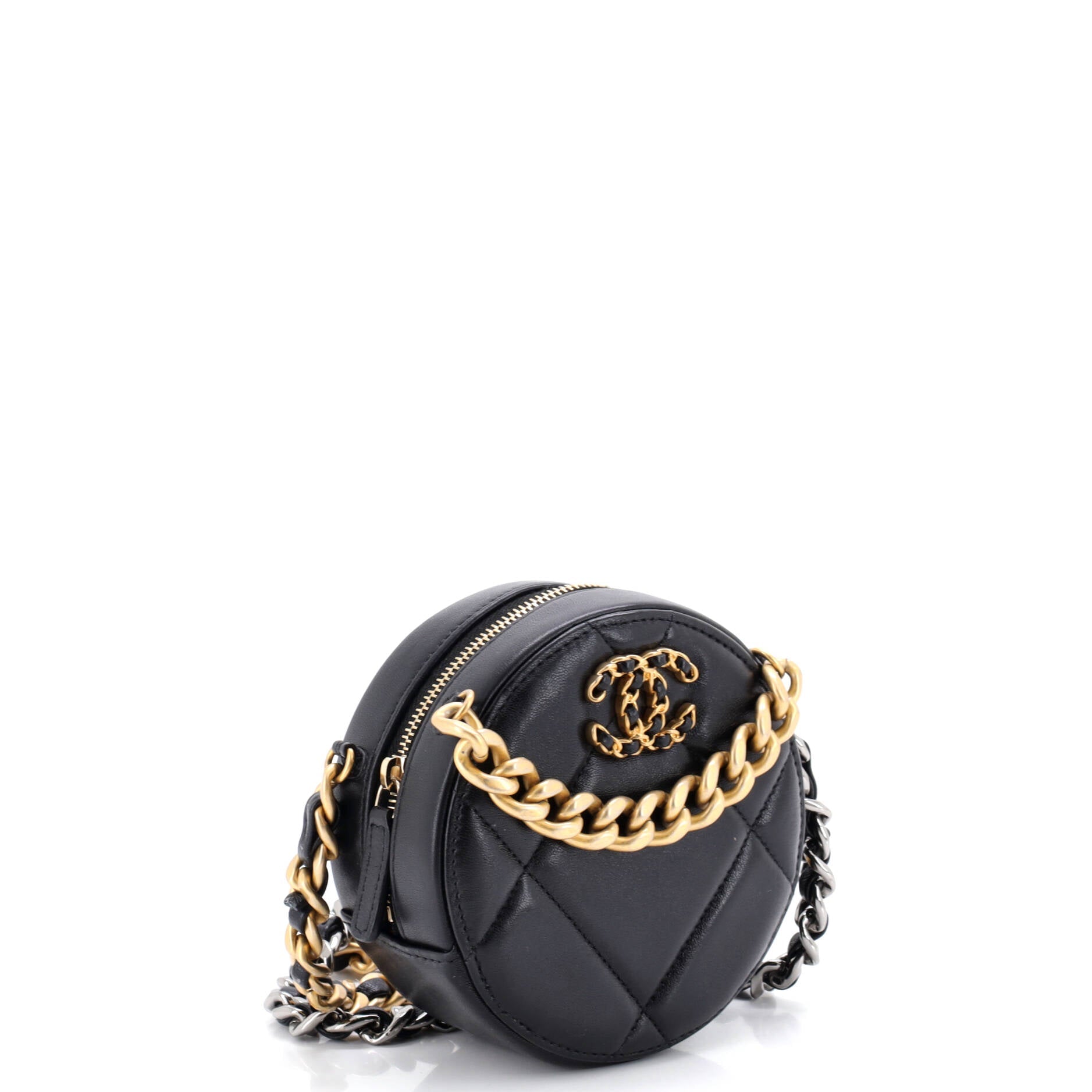 19 Round Clutch with Chain Quilted Leather