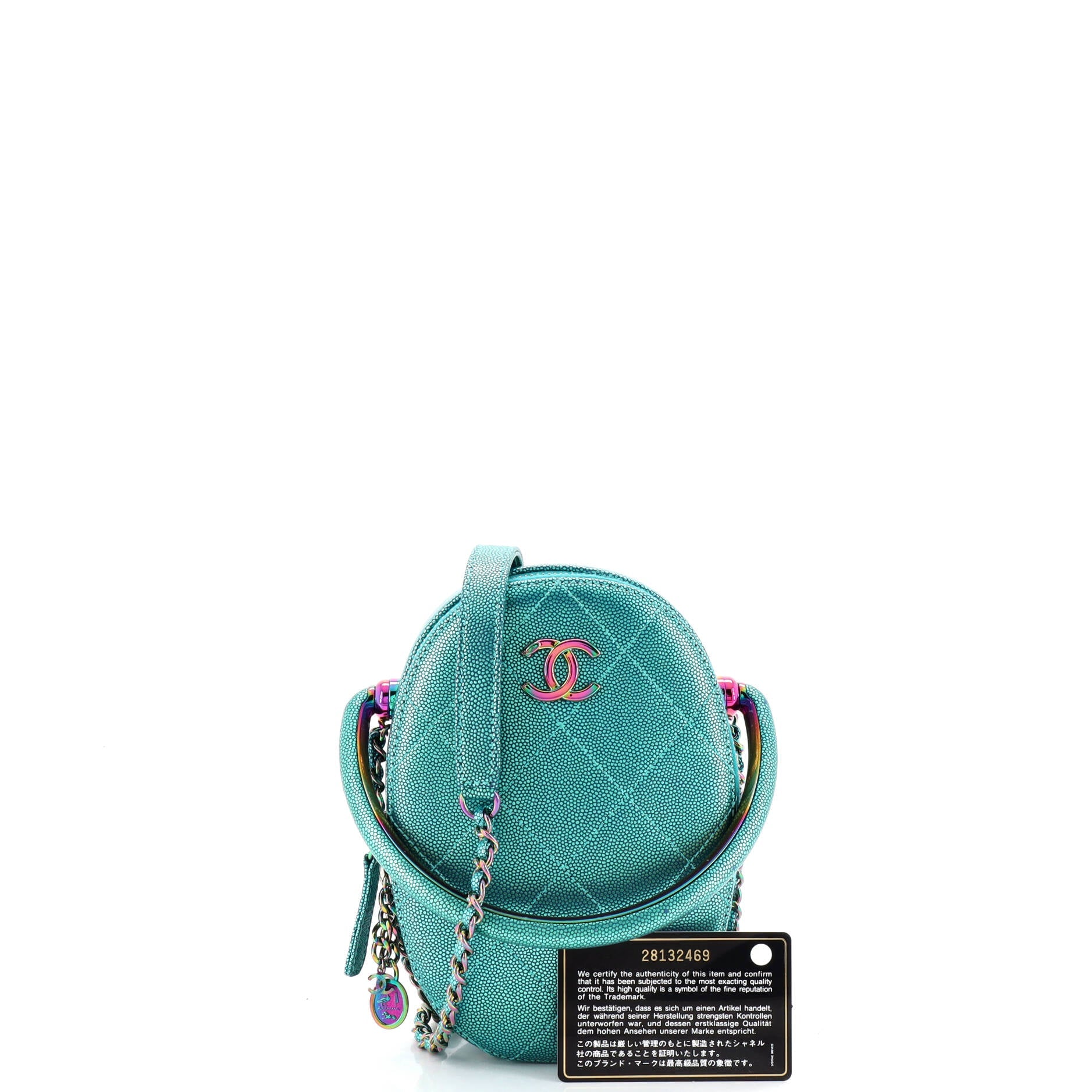 Top Handle Oval Vanity Case with Chain Quilted Iridescent Caviar with Gradient Hardware