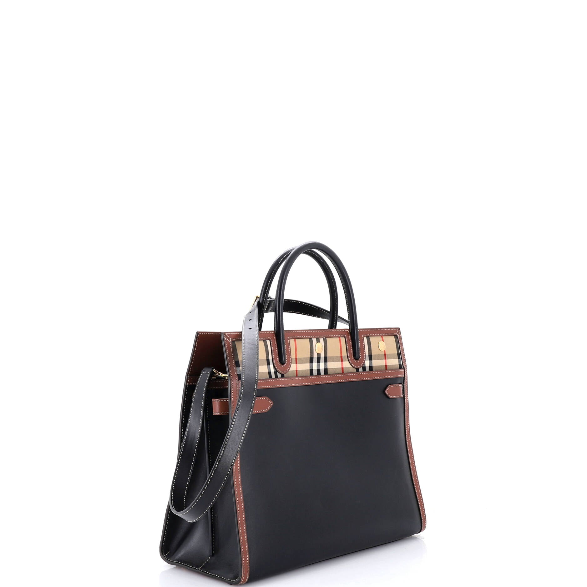 Title Two Handle Tote Leather with Vintage Check Canvas Medium