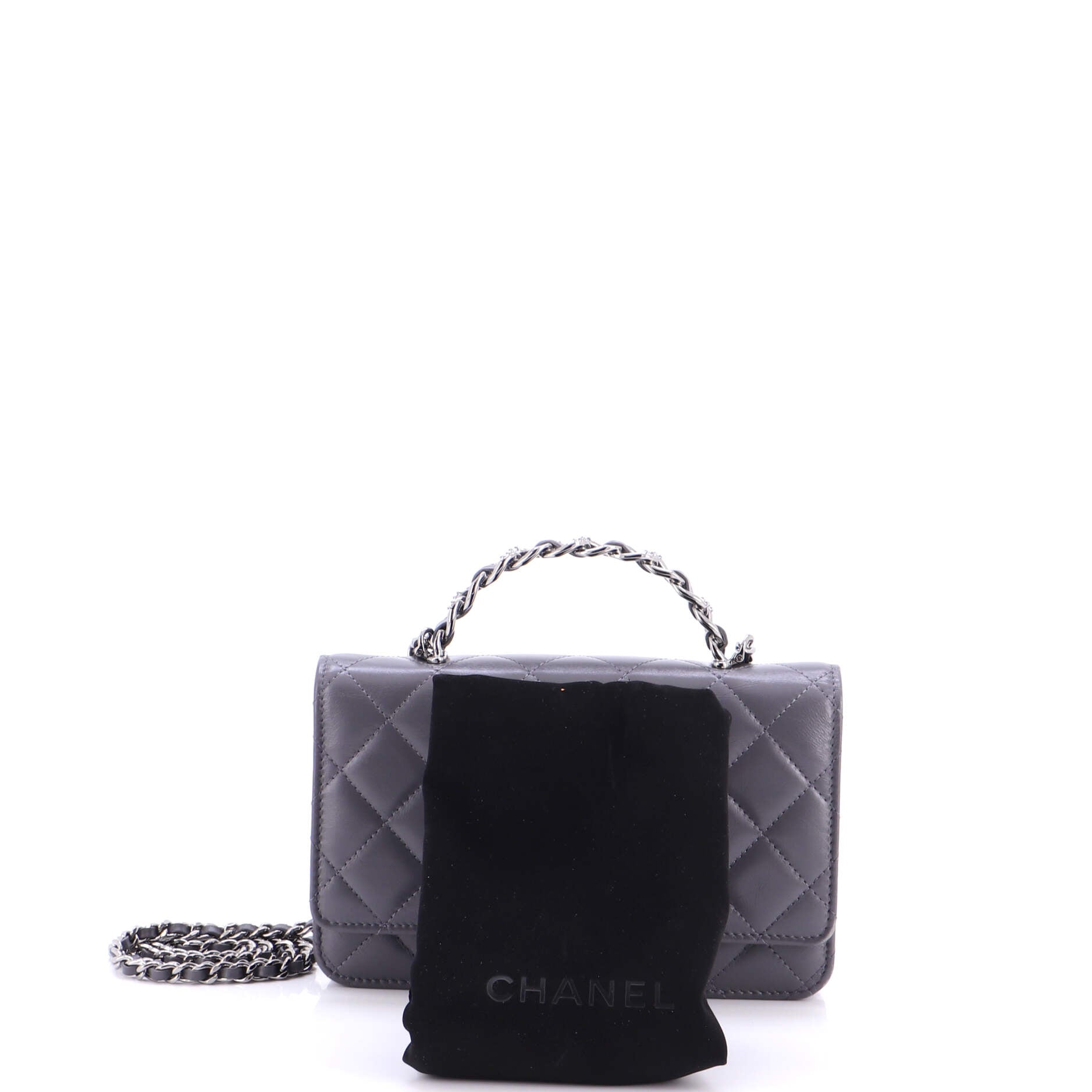 Top Handle Phone Holder with Chain Quilted Shiny Calfskin with Crystals