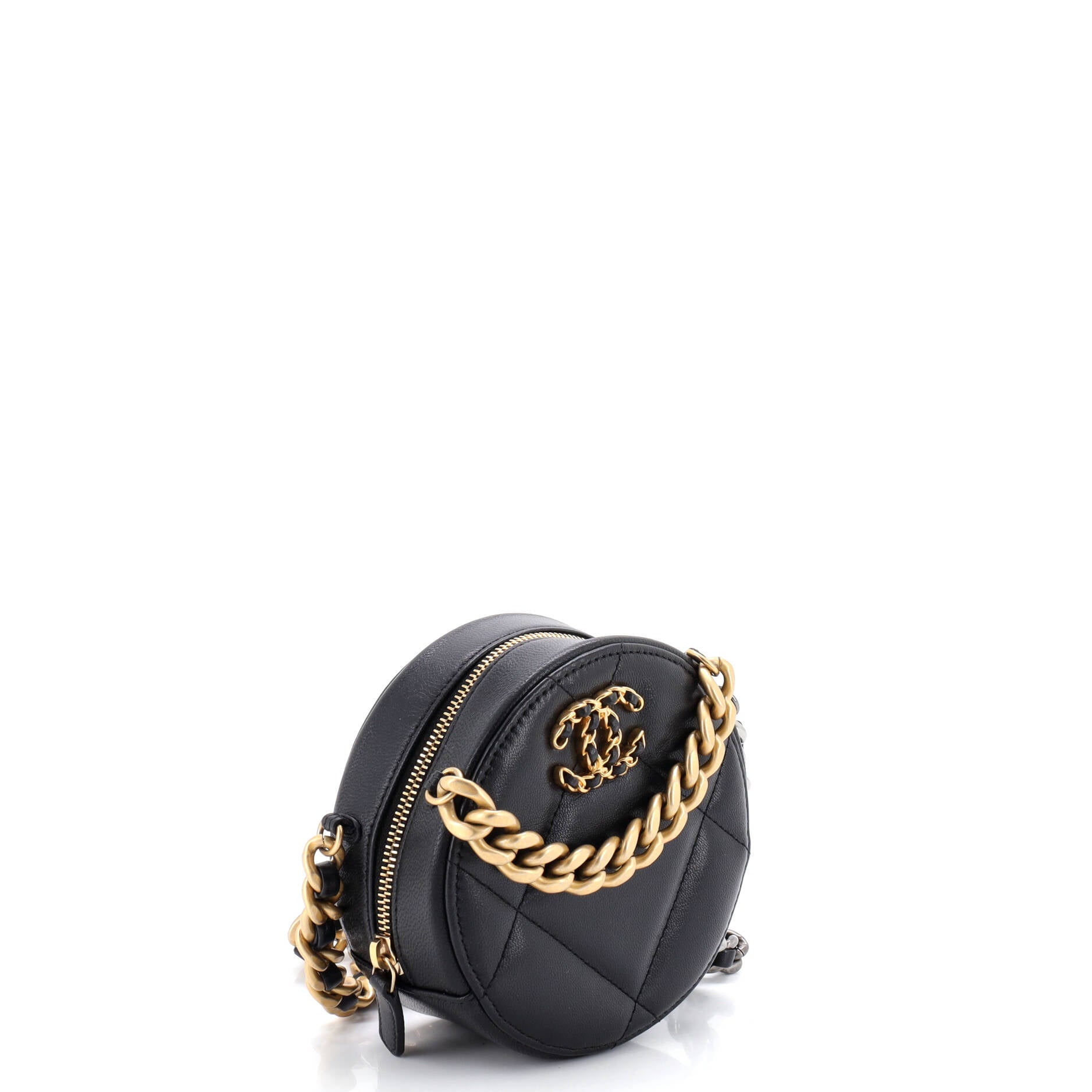 19 Round Clutch with Chain Quilted Leather