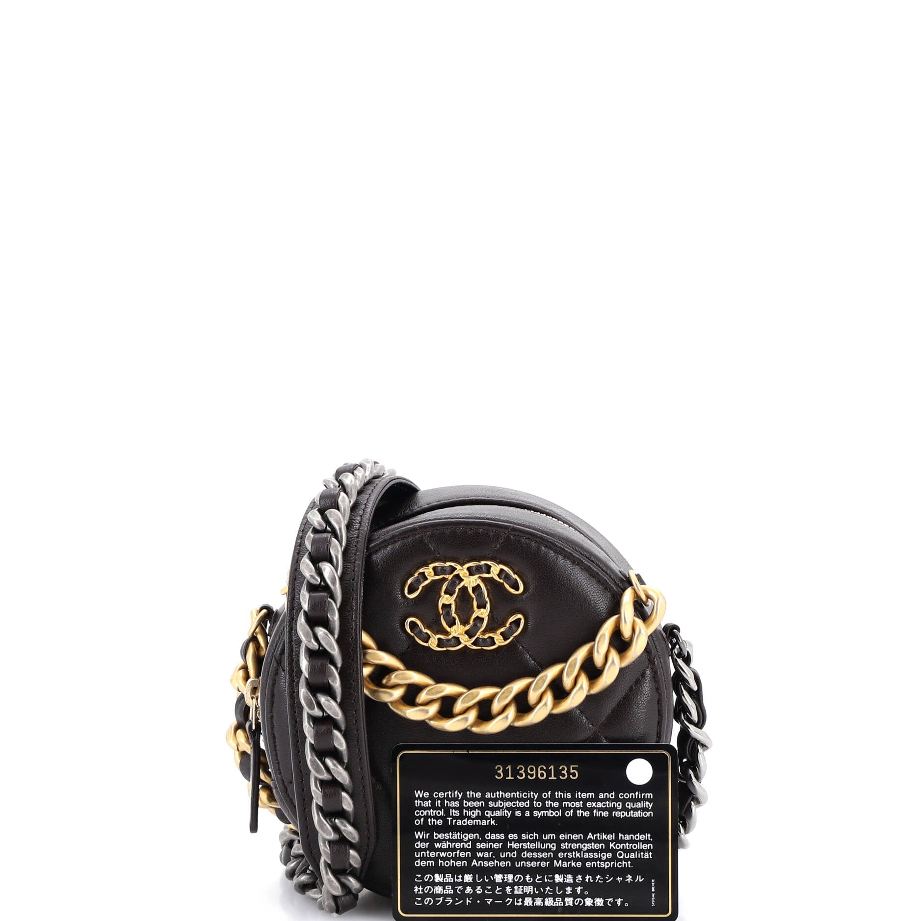 19 Round Clutch with Chain Quilted Leather