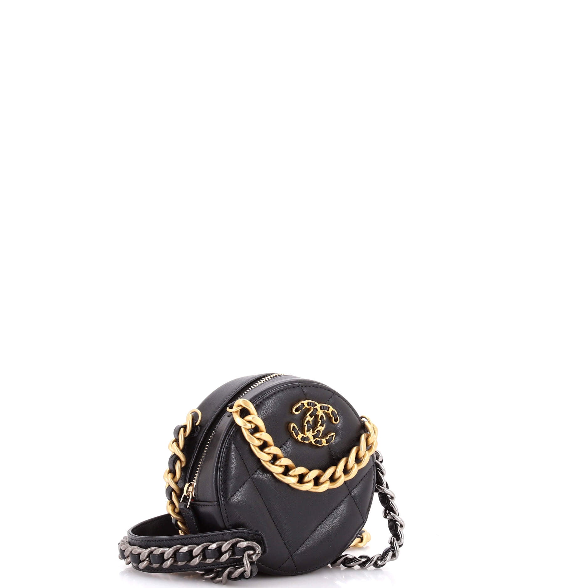 19 Round Clutch with Chain Quilted Leather