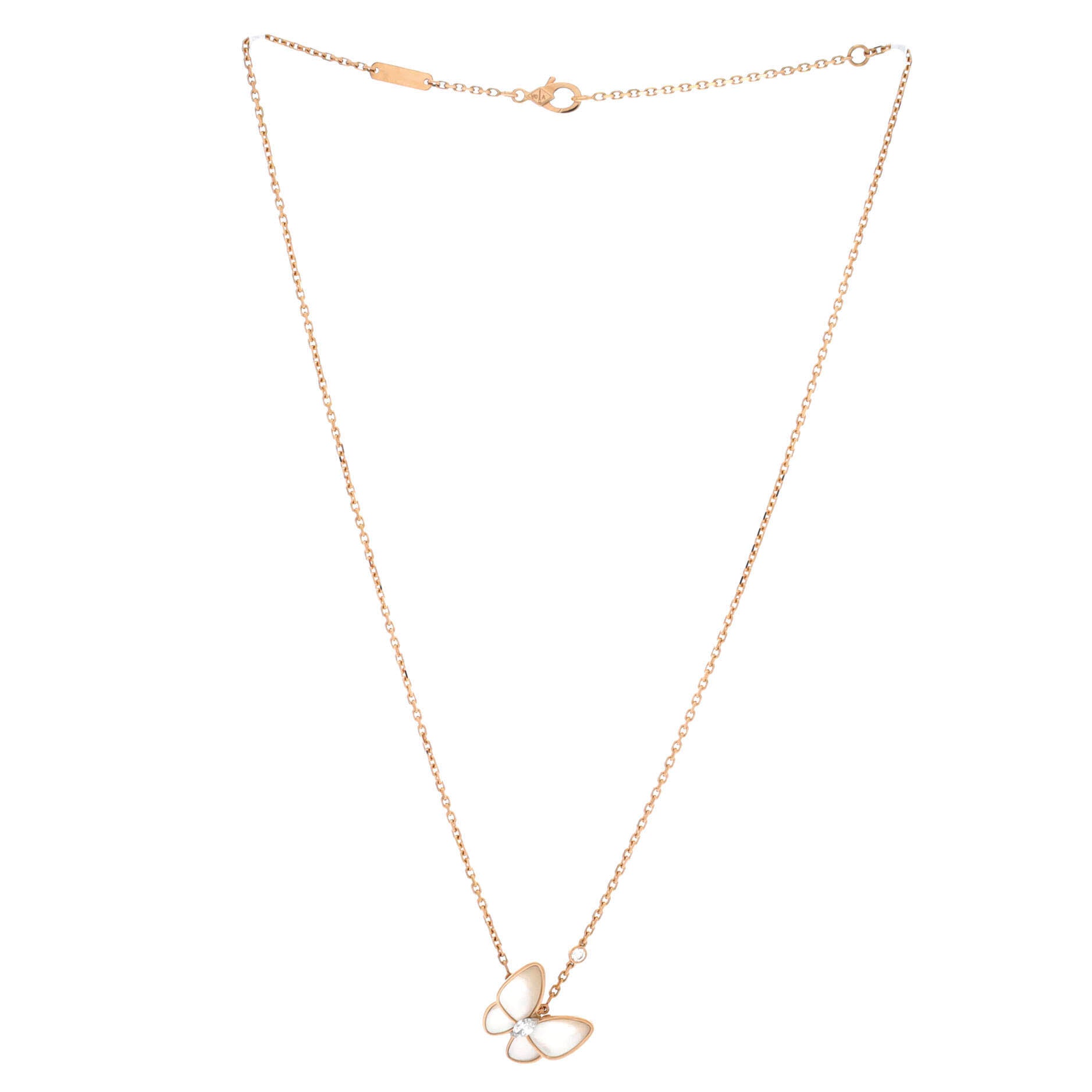 Two Butterfly Pendant Necklace 18K Rose Gold with Mother of Pearl and Diamonds