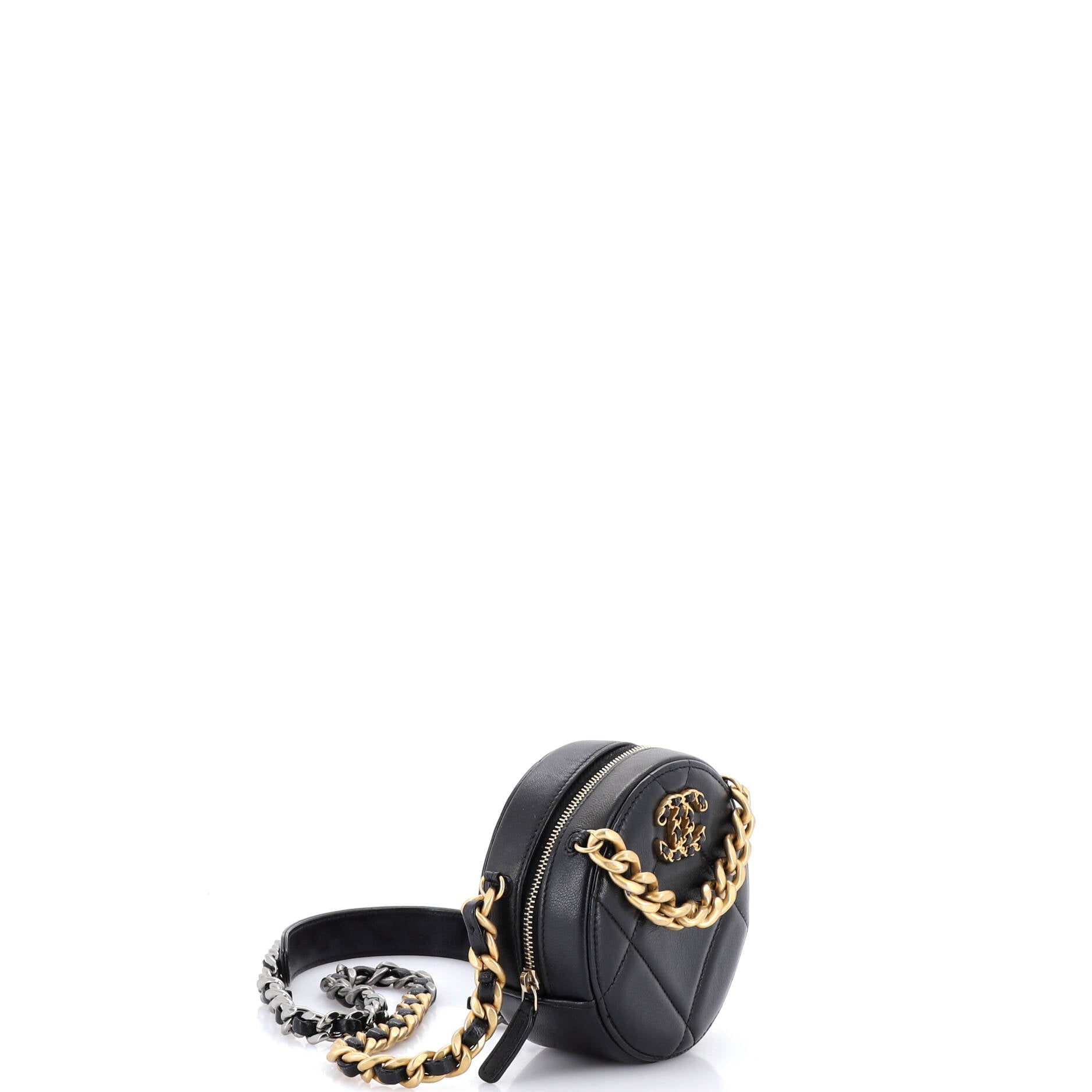 19 Round Clutch with Chain Quilted Leather