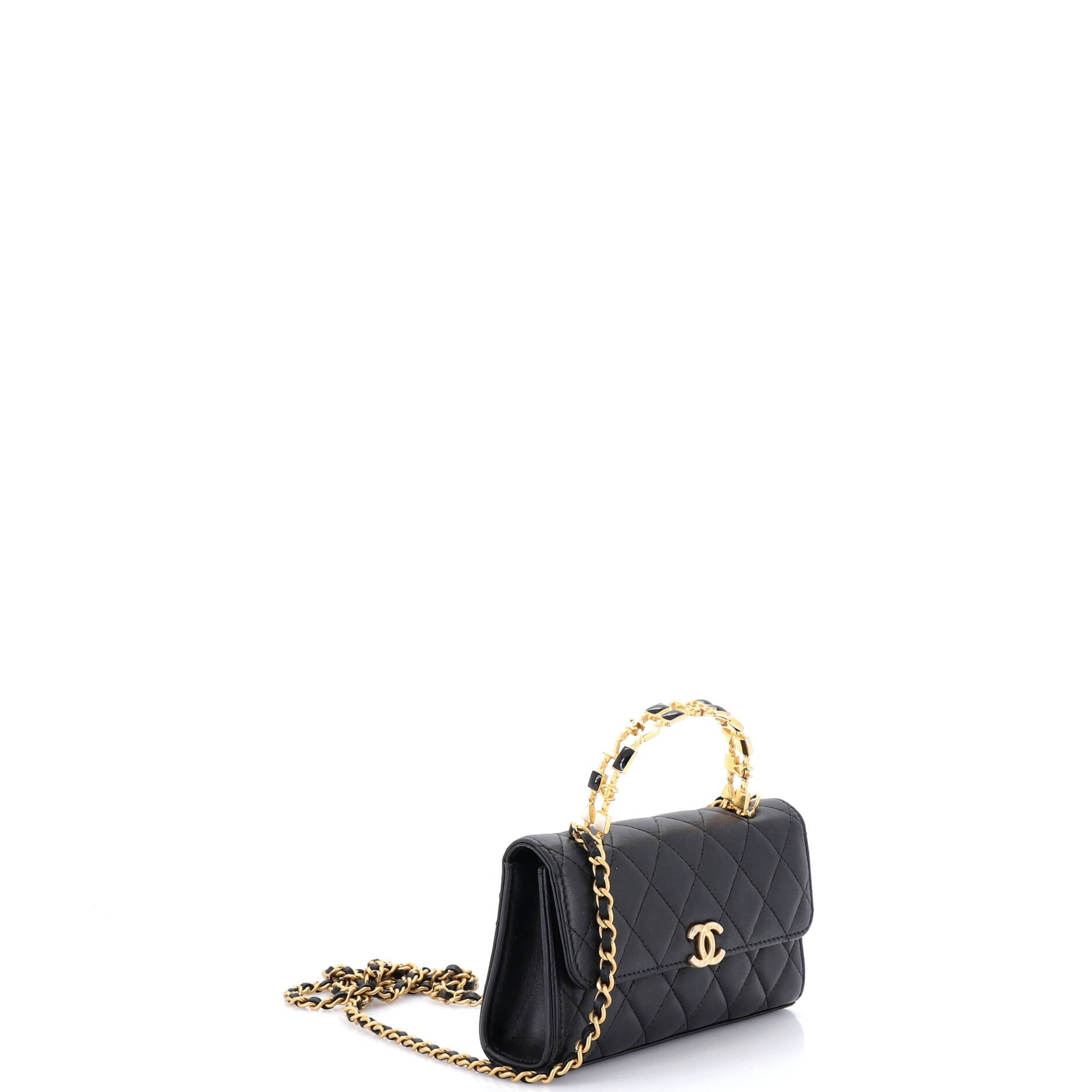 Top Handle Phone Holder with Chain Quilted Lambskin with Enamel