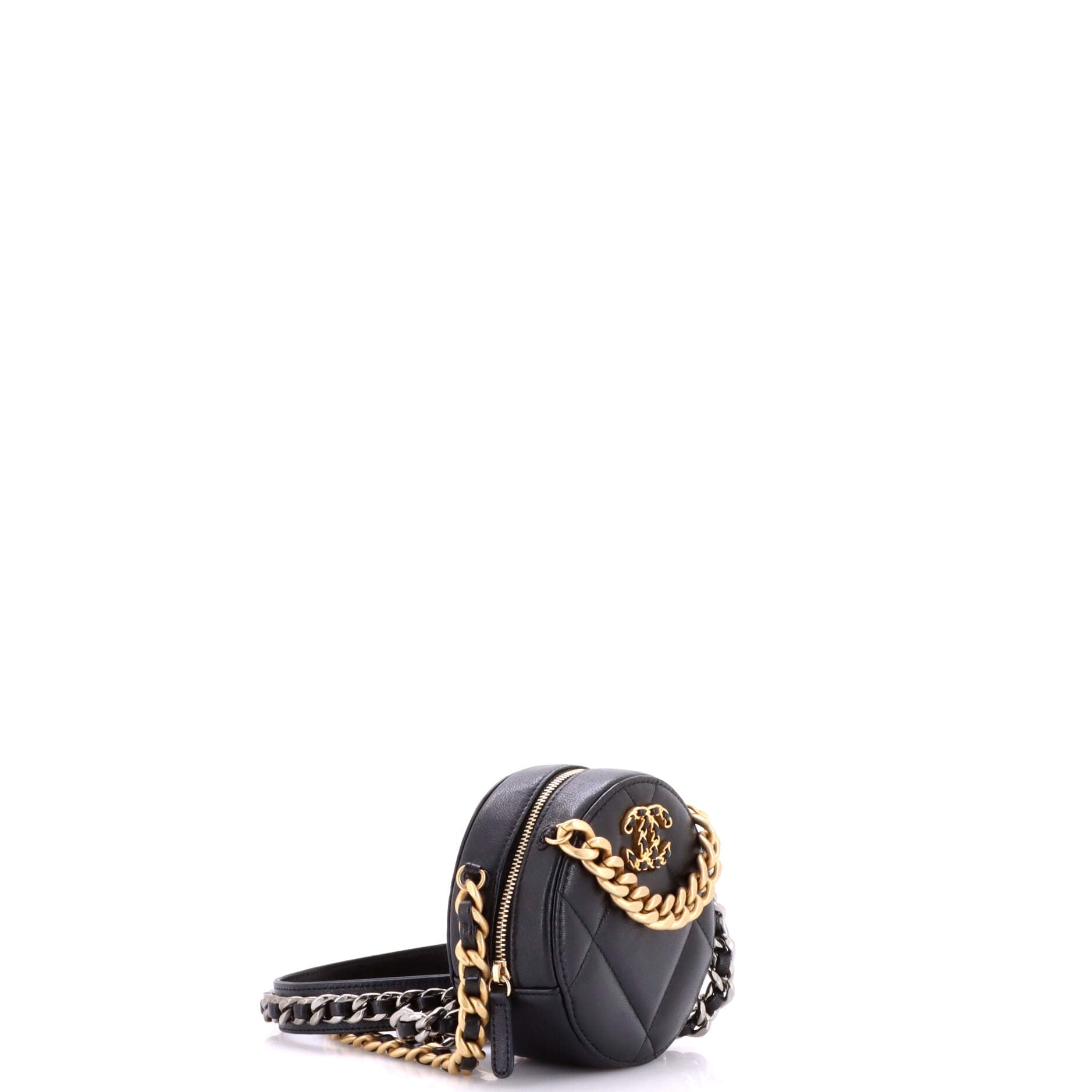 19 Round Clutch with Chain Quilted Leather