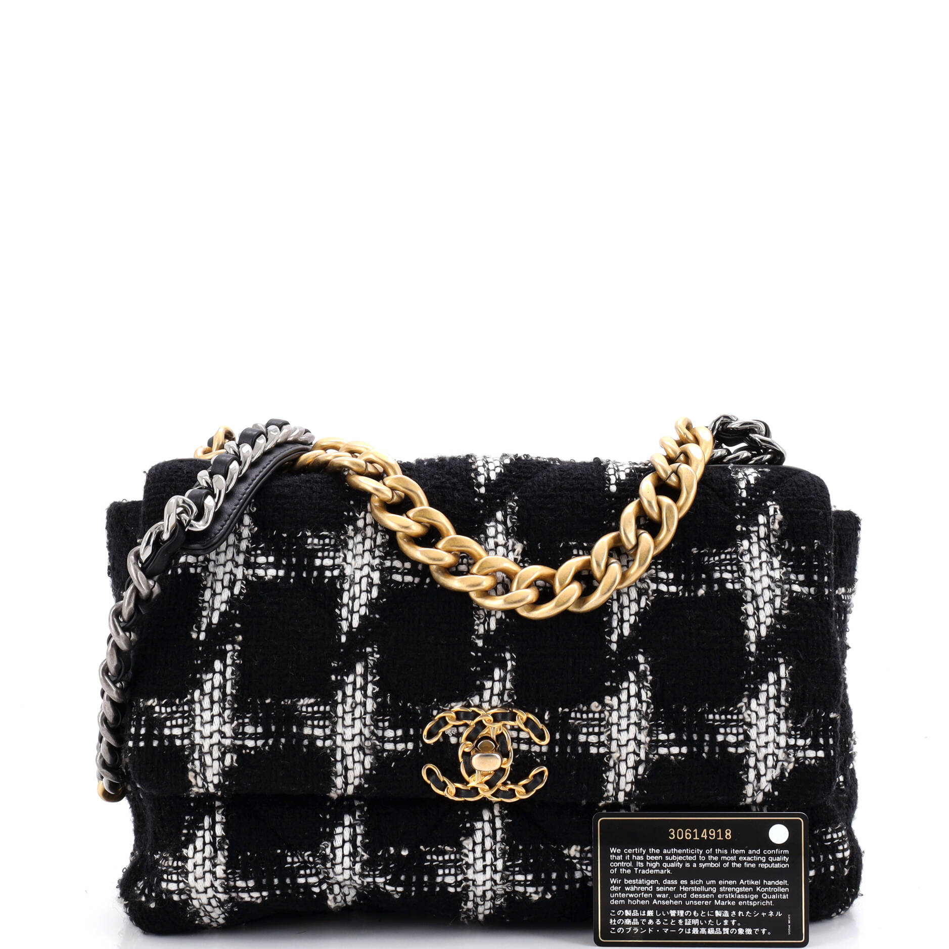 19 Flap Bag Quilted Houndstooth Tweed and Ribbon Large