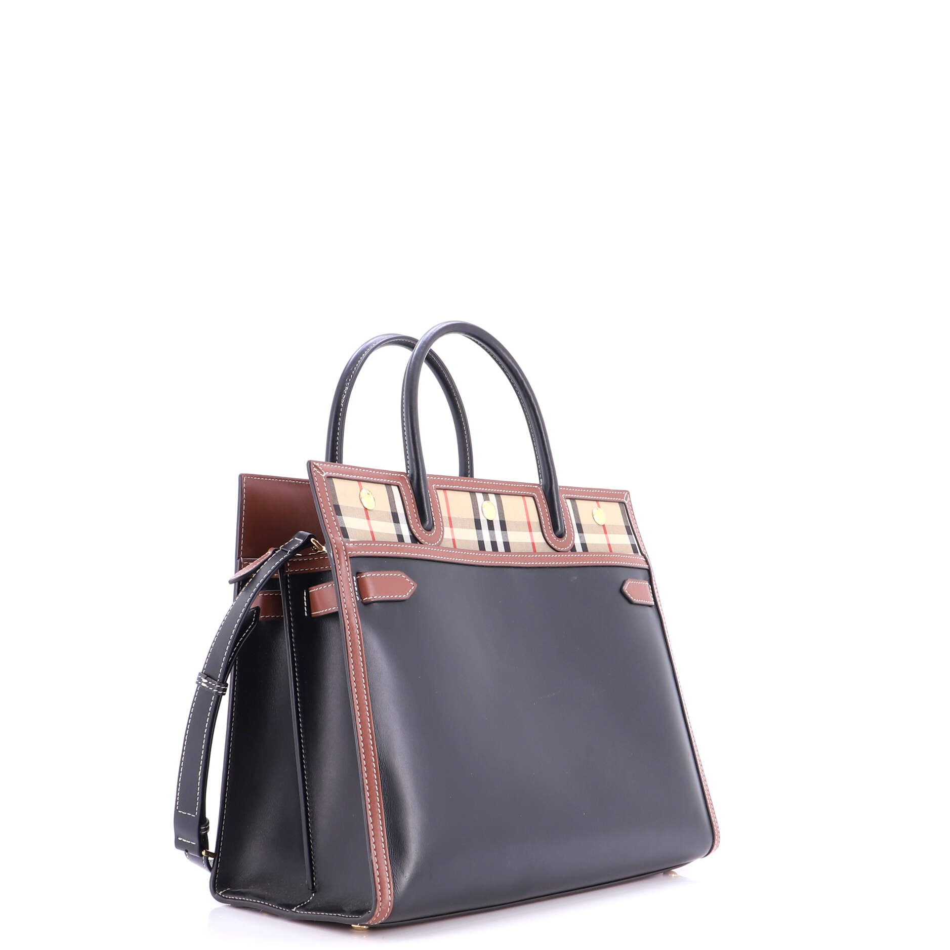 Title Two Handle Tote Leather with Vintage Check Canvas Medium