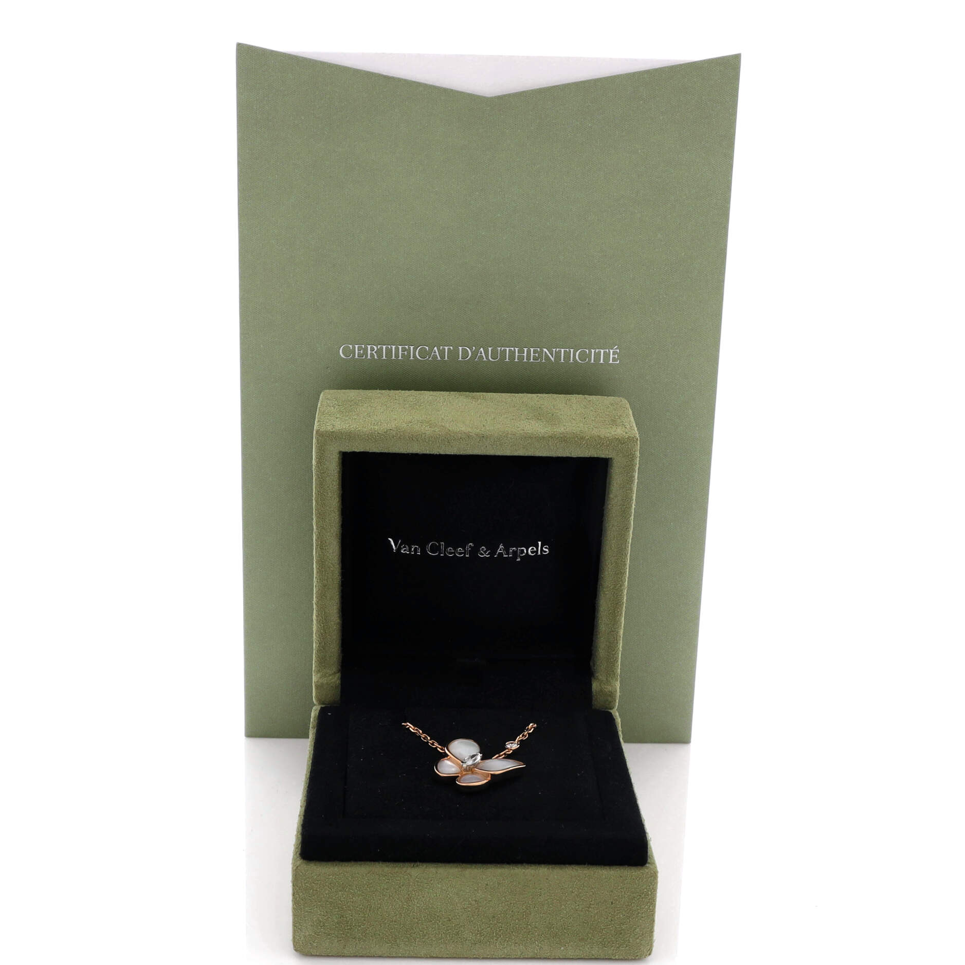 Two Butterfly Pendant Necklace 18K Rose Gold with Mother of Pearl and Diamonds