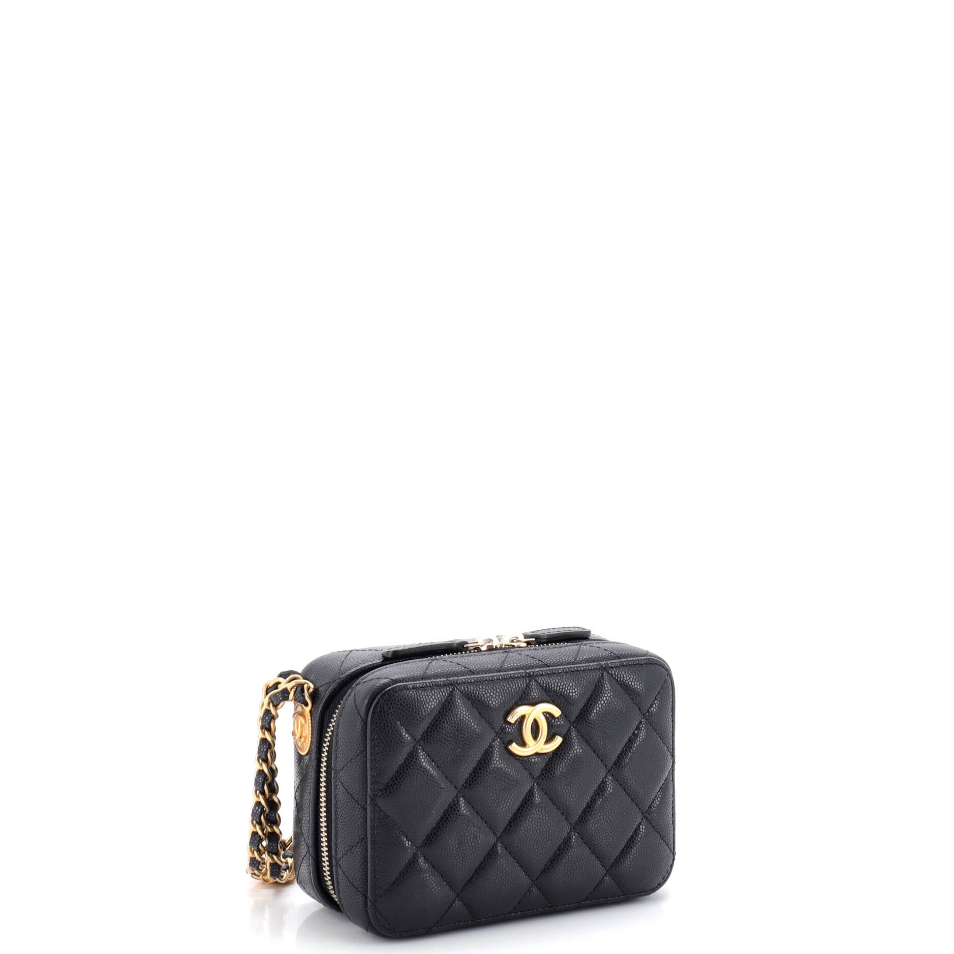 Twist Your Buttons Zip Around Vanity Case with Chain Quilted Caviar