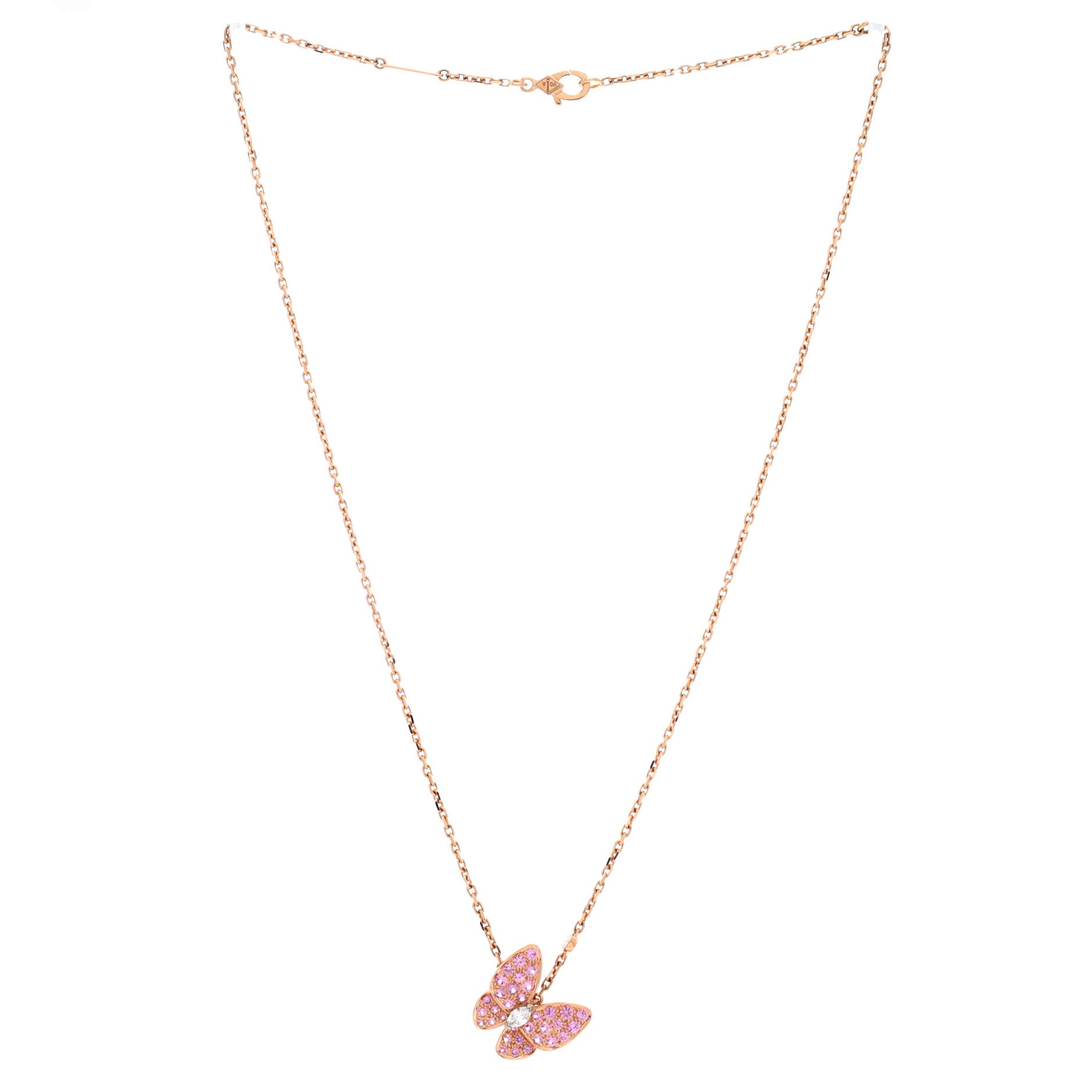 Two Butterfly Pendant Necklace 18K Rose Gold with Pink Sapphires and Diamonds