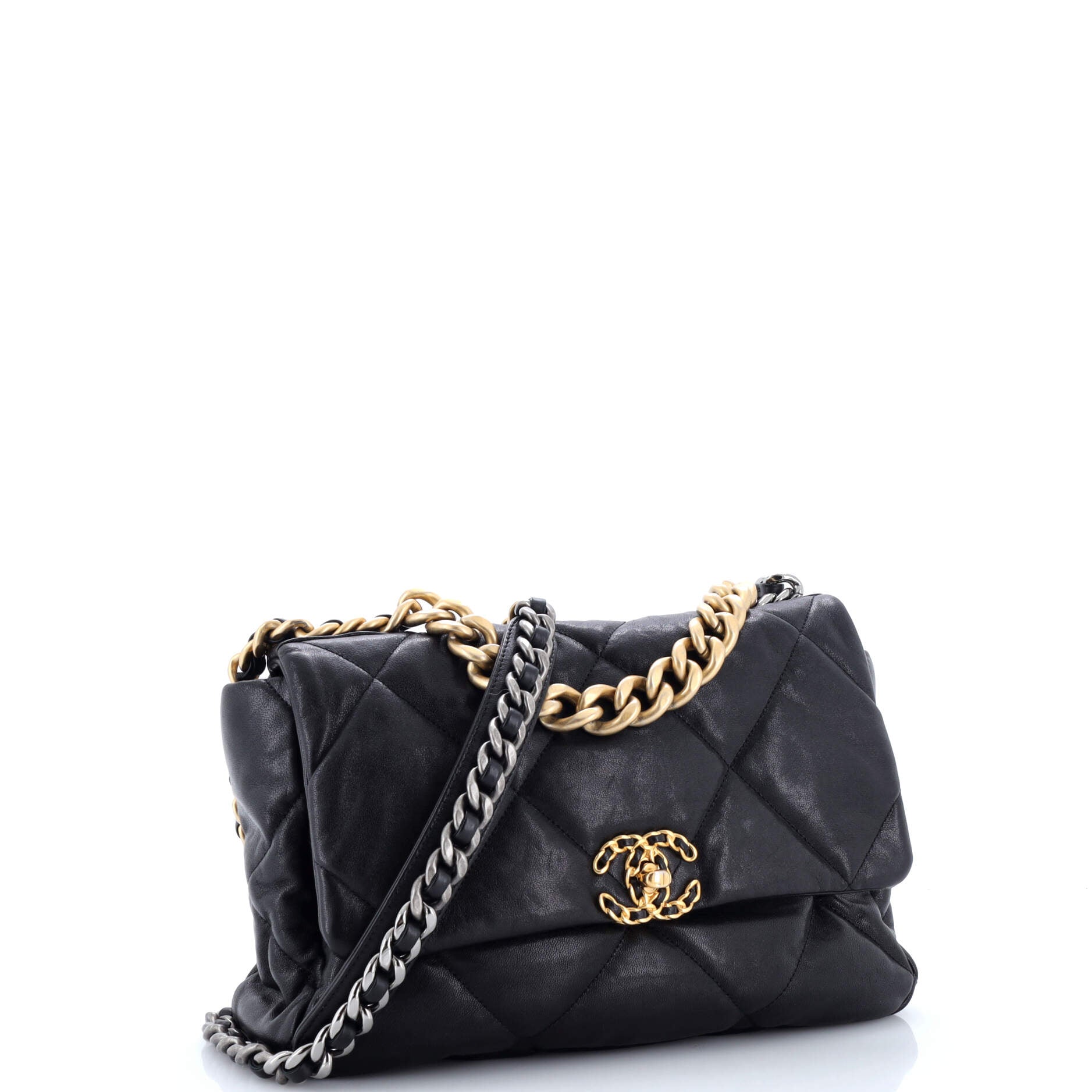19 Flap Bag Quilted Shiny Crumpled Calfskin Large
