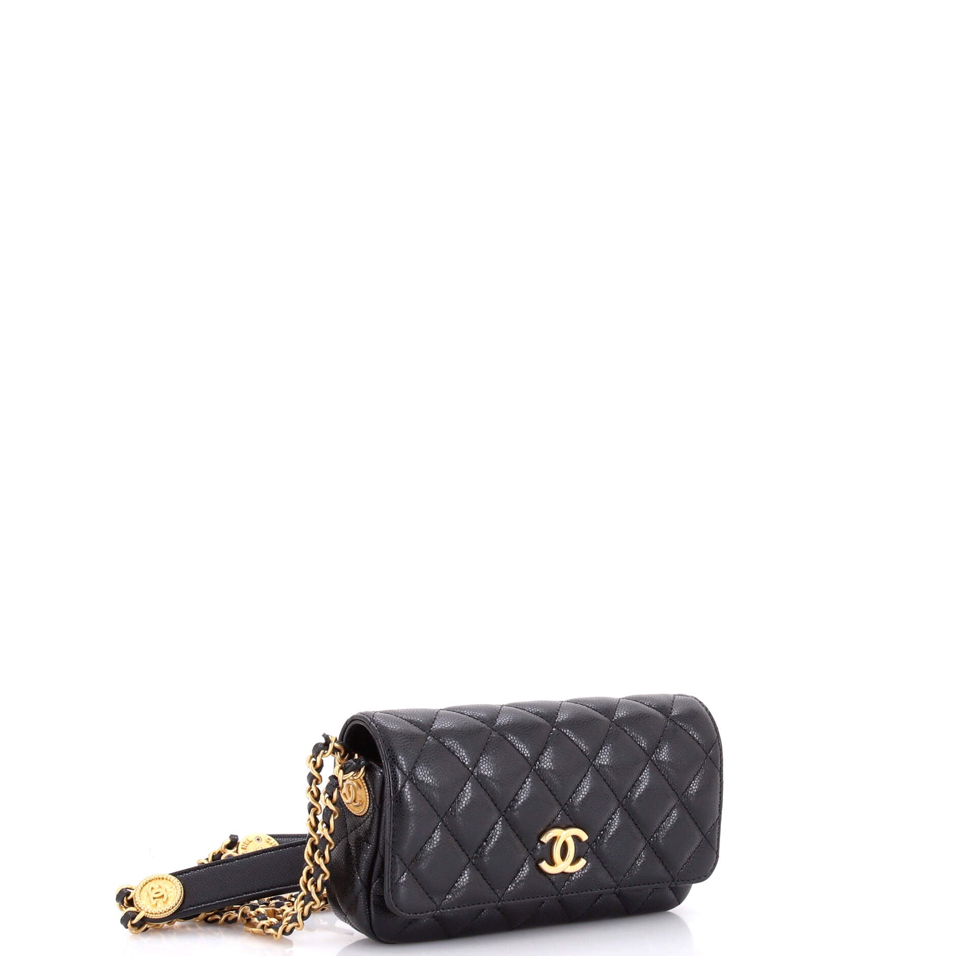 Twist Your Buttons Flap Clutch with Chain Quilted Caviar