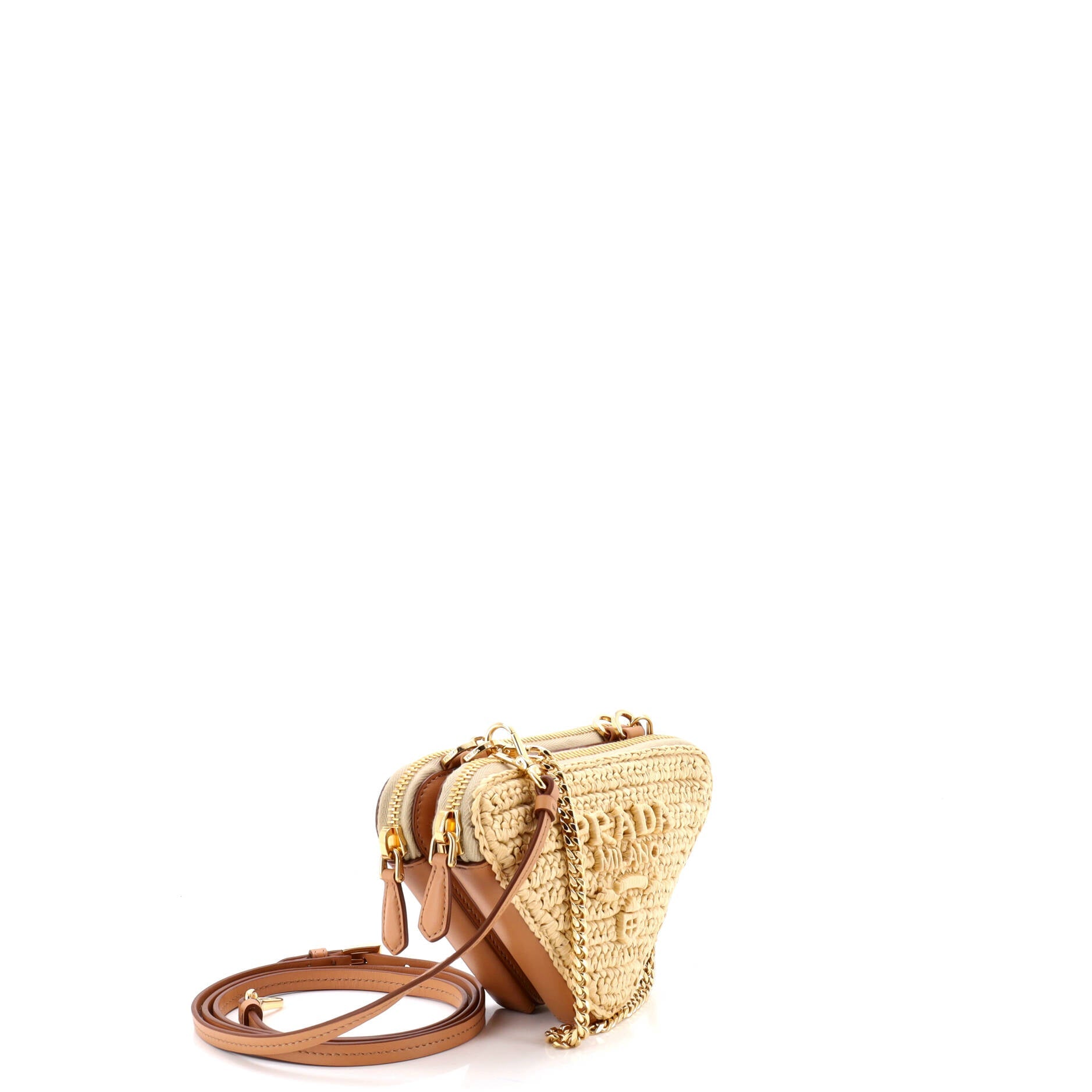 Triangle Logo Zip Around Shoulder Bag Raffia and Leather Mini
