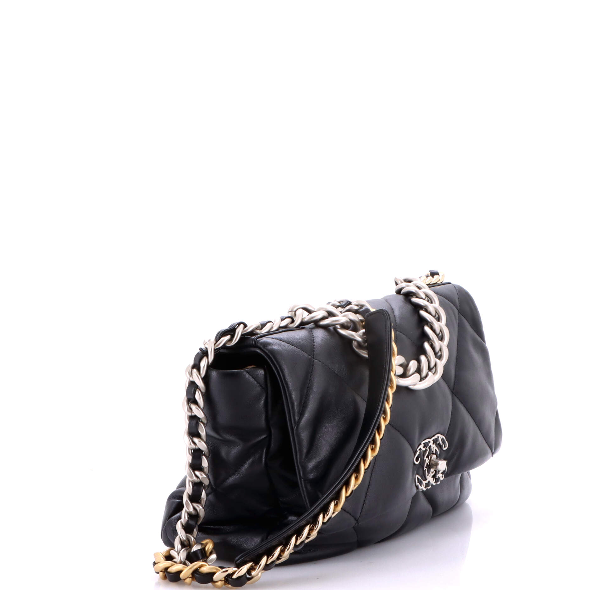 19 Flap Bag Quilted Shiny Crumpled Calfskin Large