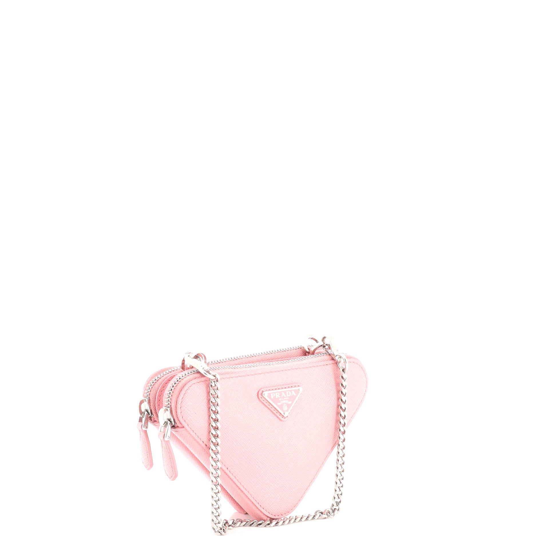 Triangle Double Zip Pouch Bag with Chain Saffiano Leather Mini