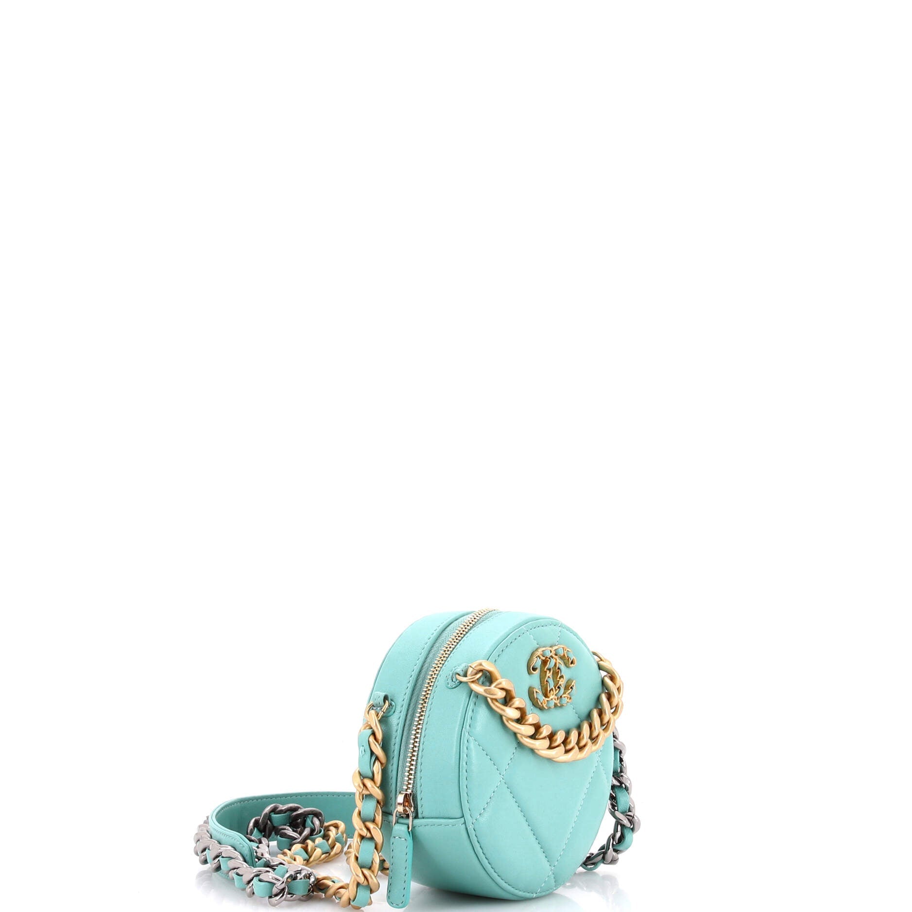19 Round Clutch with Chain Quilted Leather