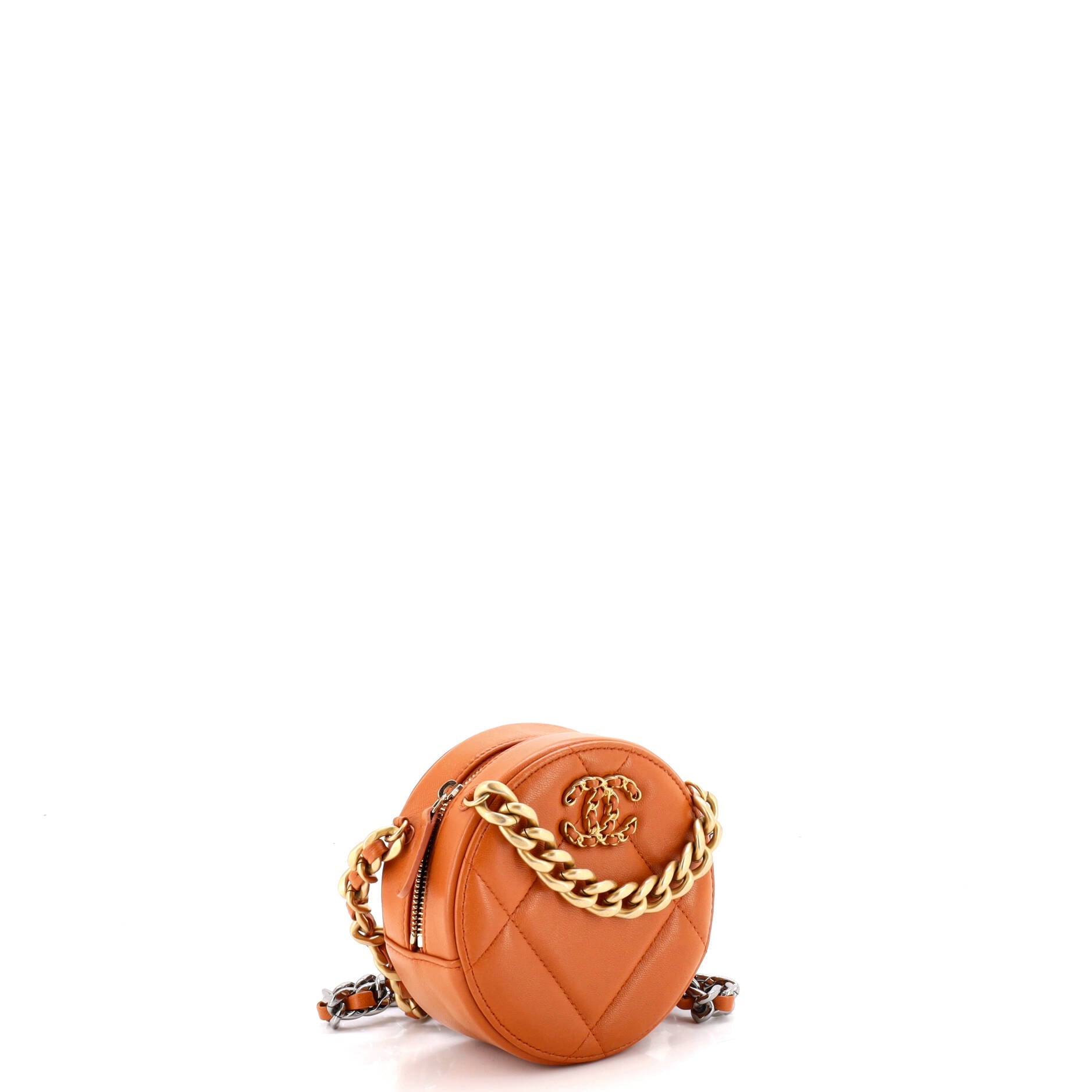 19 Round Clutch with Chain Quilted Leather