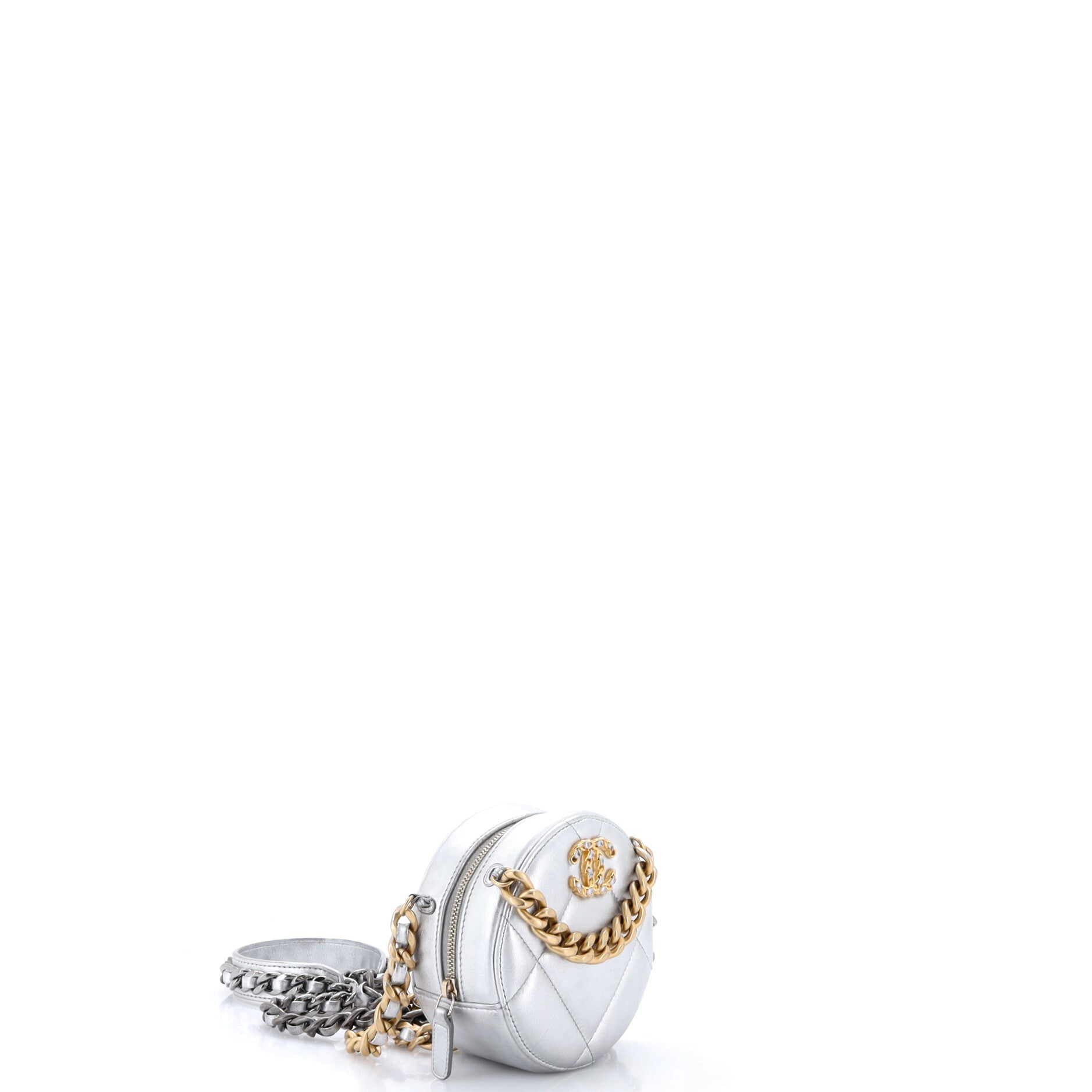 19 Round Clutch with Chain Quilted Leather