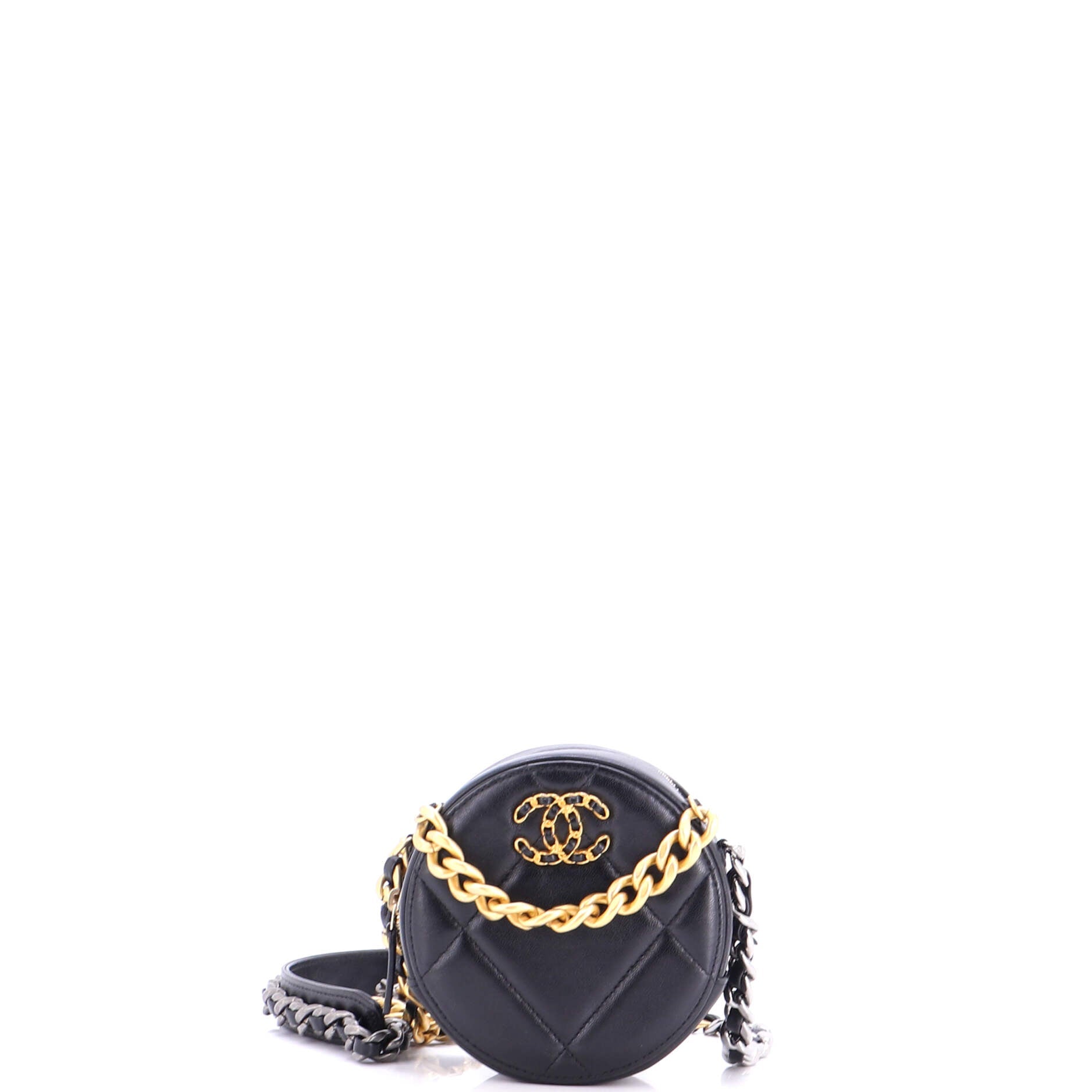 19 Round Clutch with Chain Quilted Leather