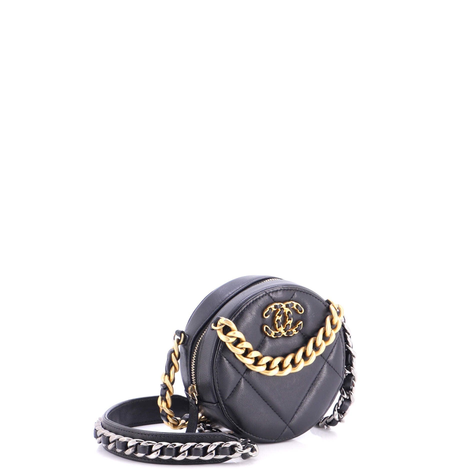 19 Round Clutch with Chain Quilted Leather