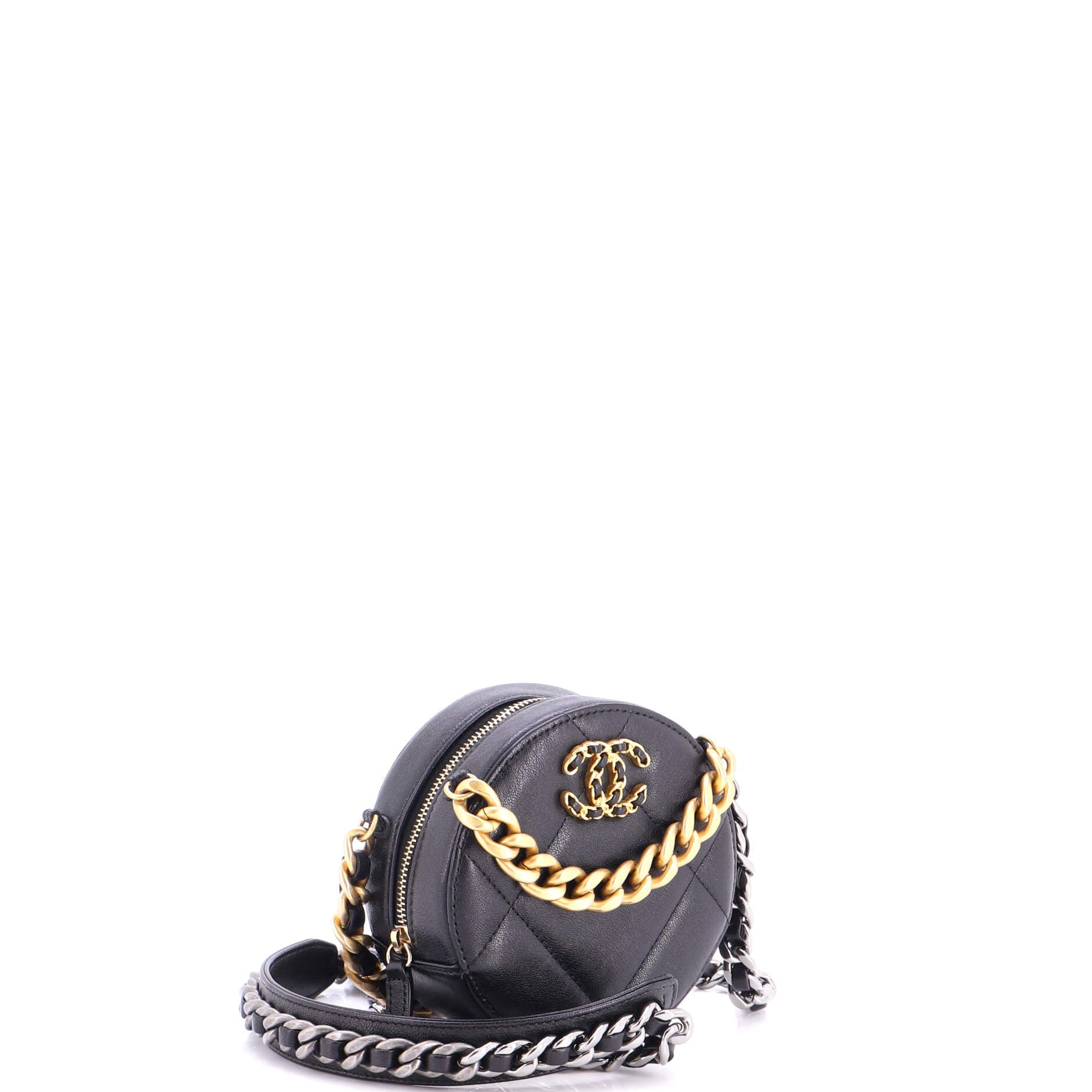 19 Round Clutch with Chain Quilted Leather