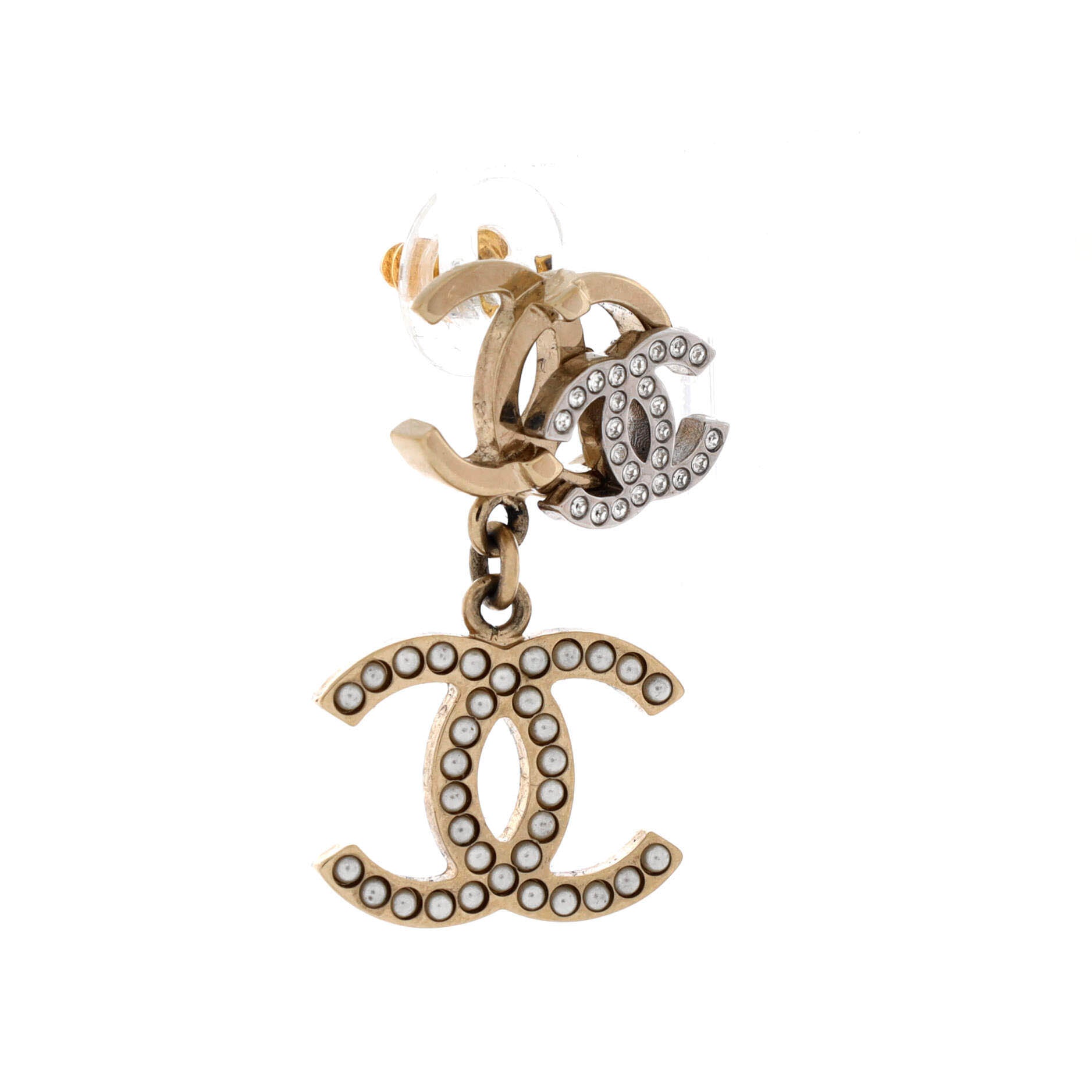 Triple CC Drop Earrings Metal with Crystals and Faux Pearls