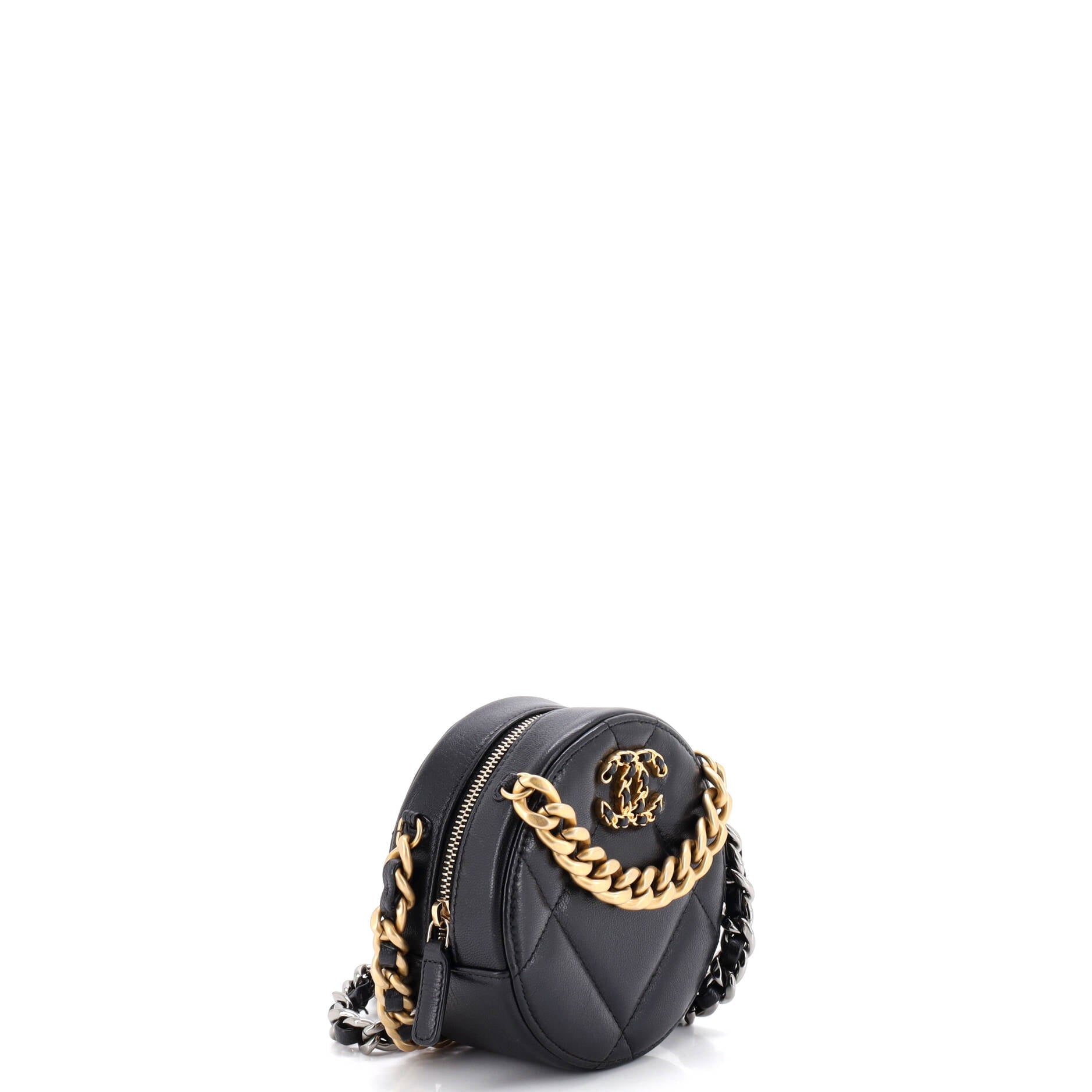 19 Round Clutch with Chain Quilted Leather