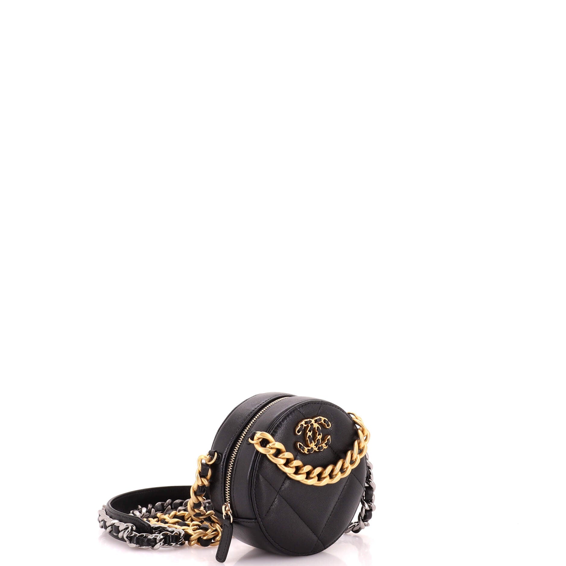 19 Round Clutch with Chain Quilted Leather