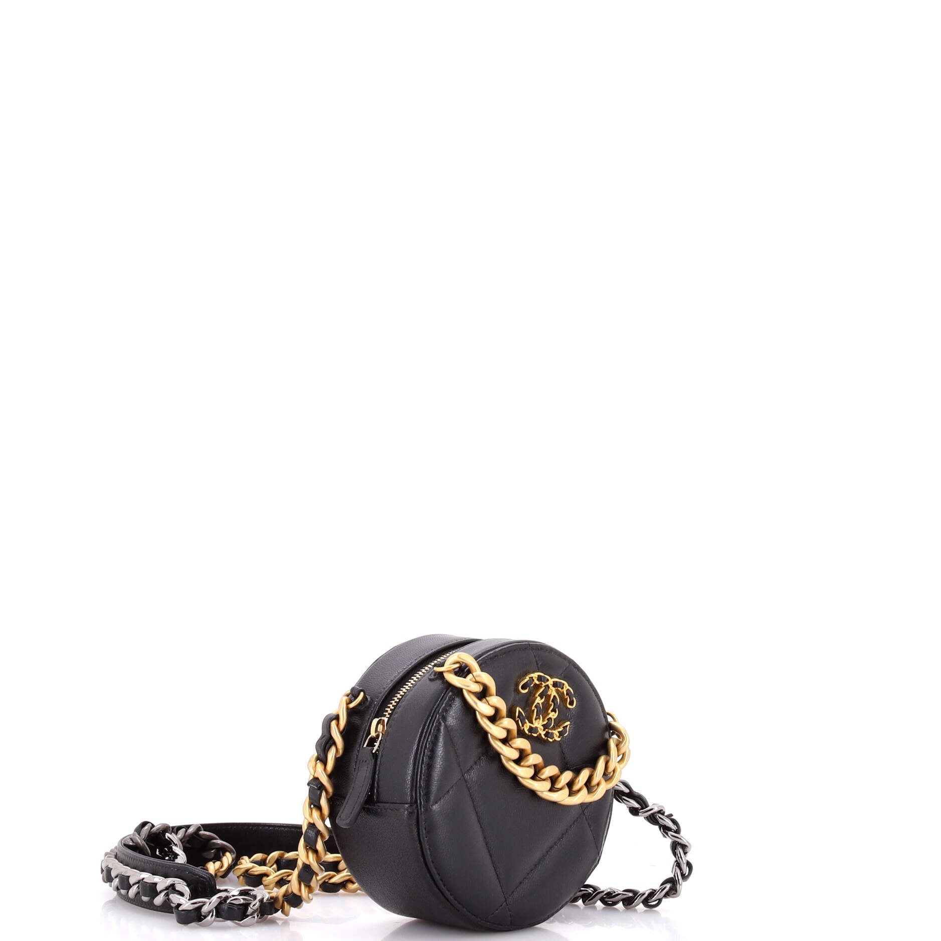 19 Round Clutch with Chain Quilted Leather
