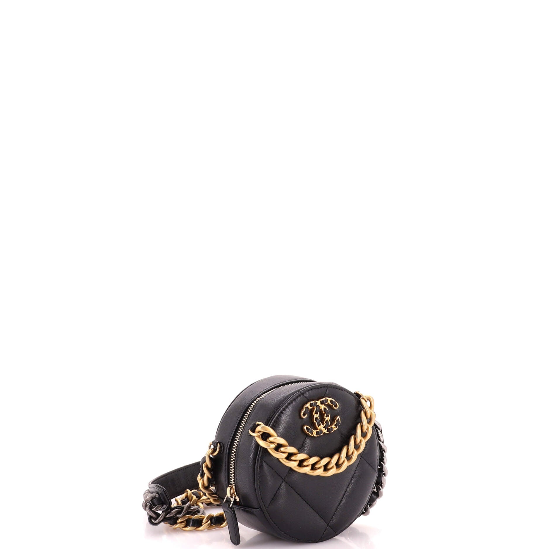 19 Round Clutch with Chain Quilted Leather