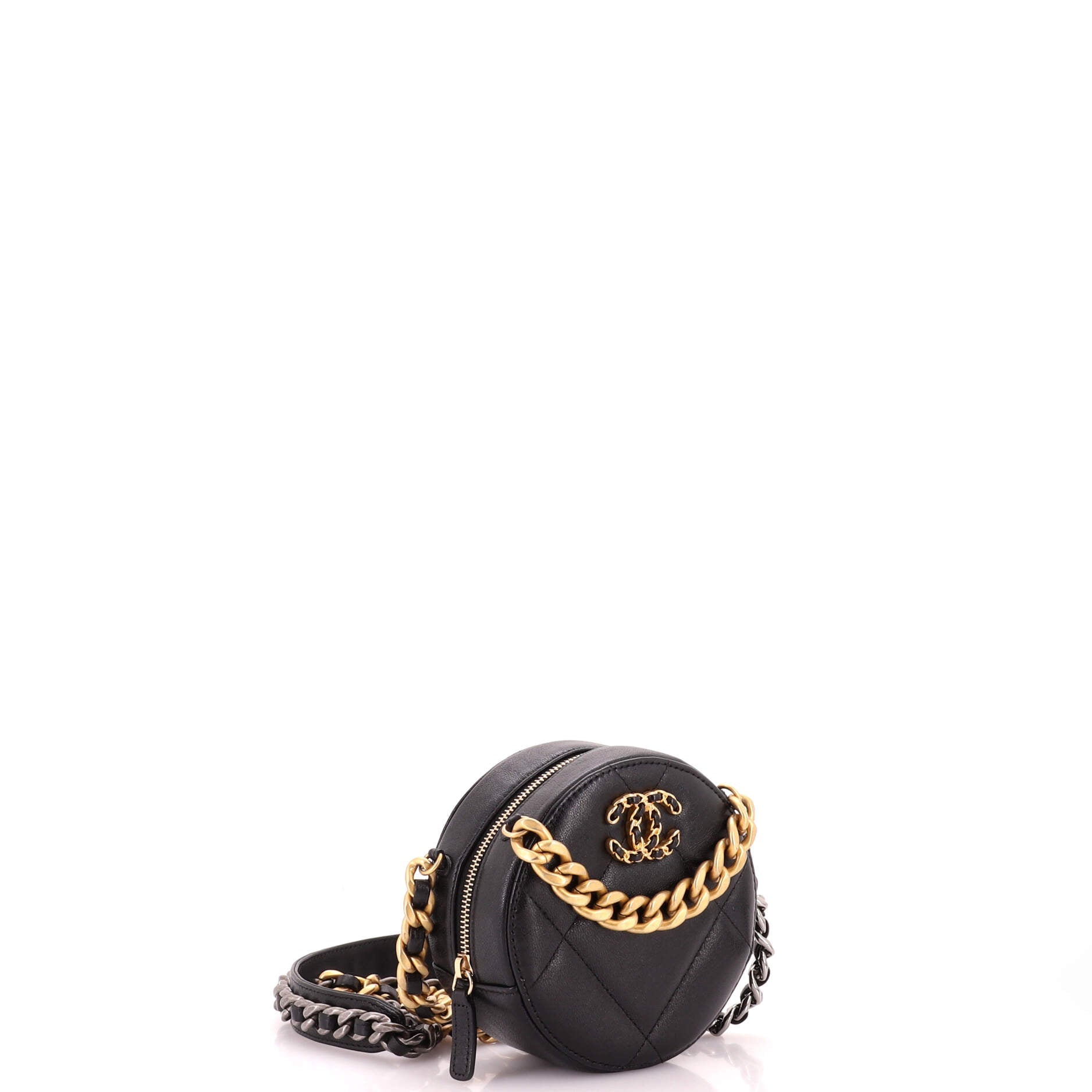 19 Round Clutch with Chain Quilted Leather