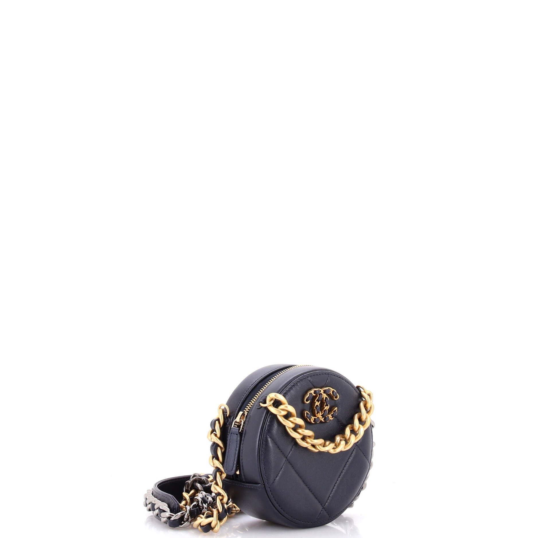 19 Round Clutch with Chain Quilted Leather