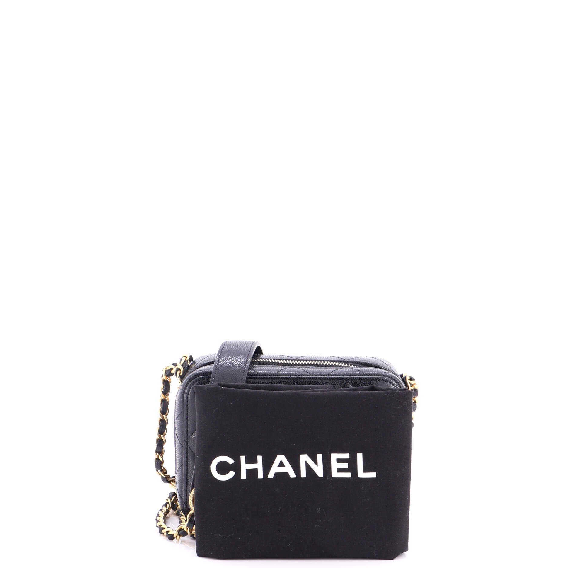 Twist Your Buttons Zip Around Vanity Case with Chain Quilted Caviar