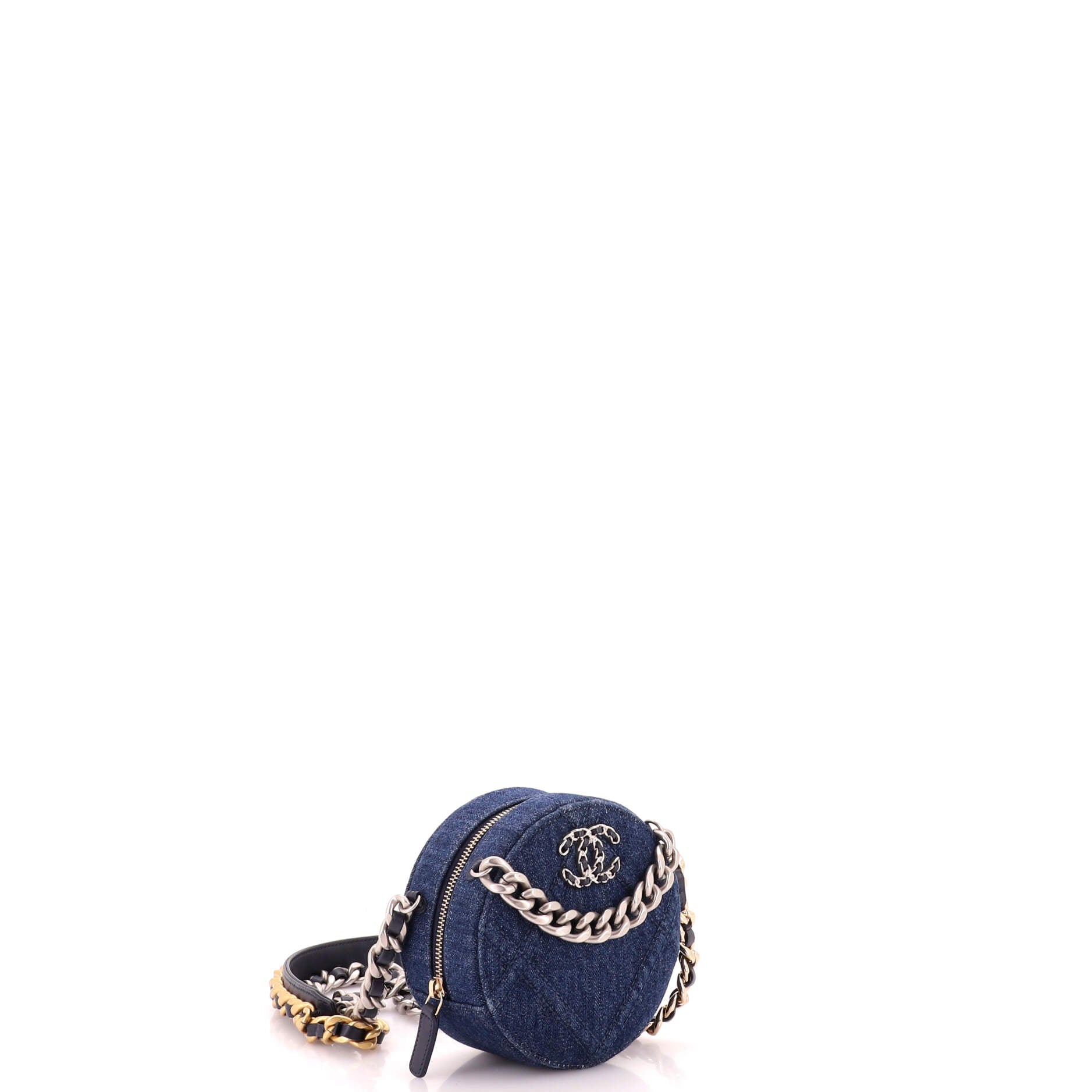 19 Round Clutch with Chain Quilted Denim