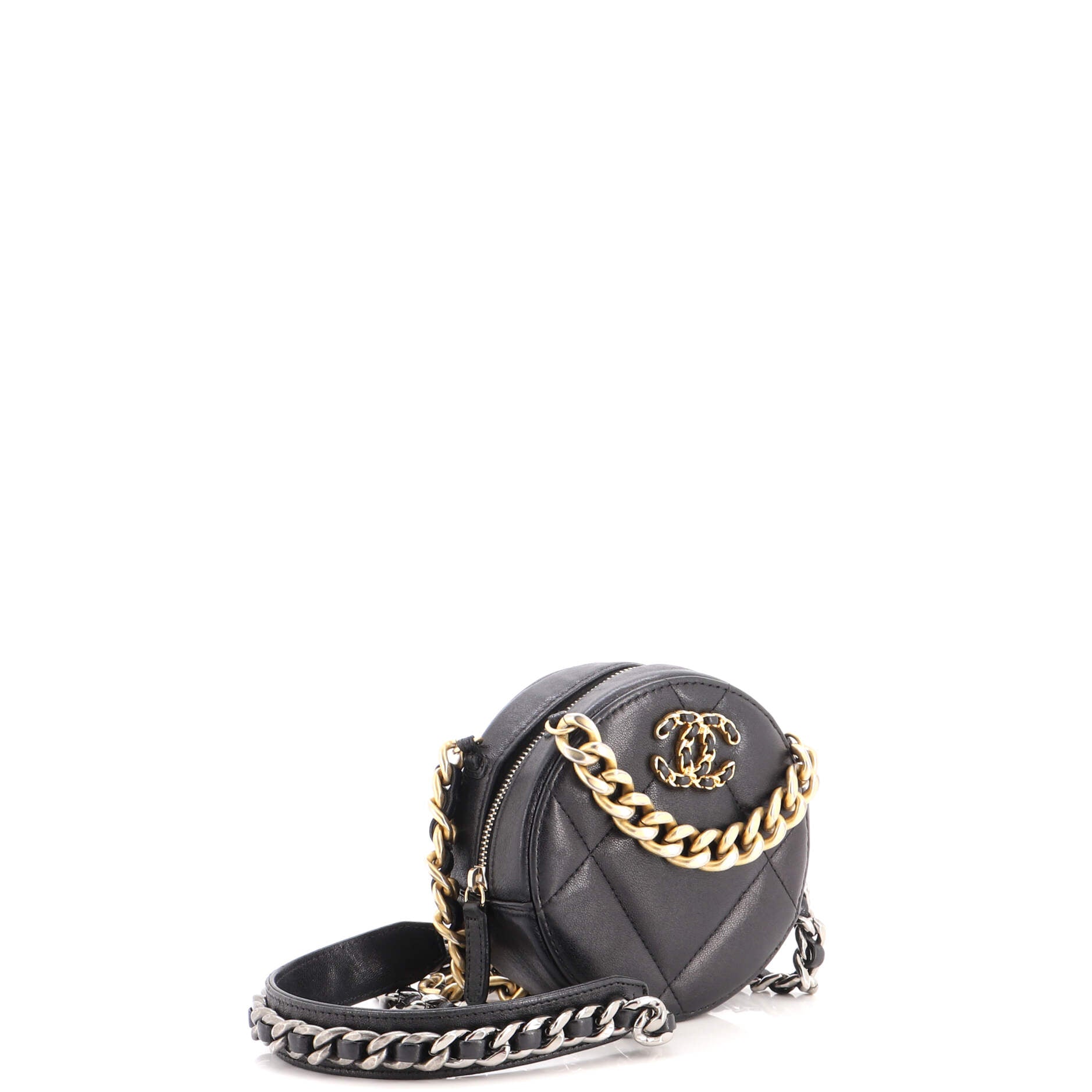19 Round Clutch with Chain Quilted Leather