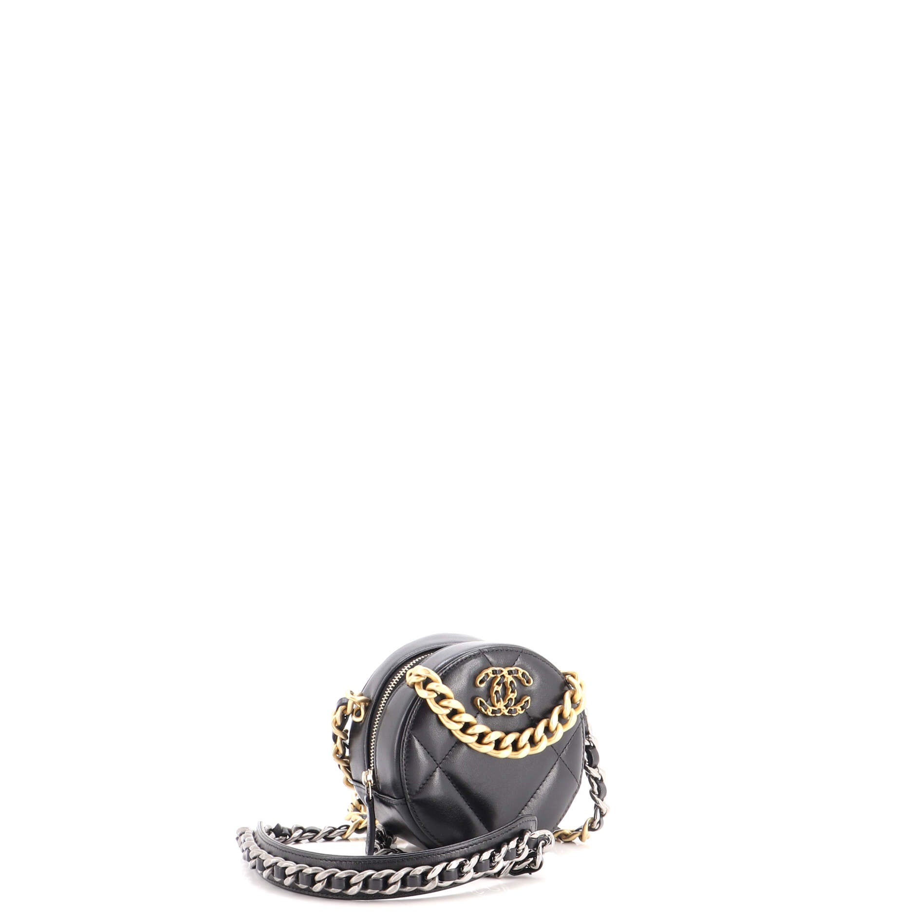 19 Round Clutch with Chain Quilted Leather