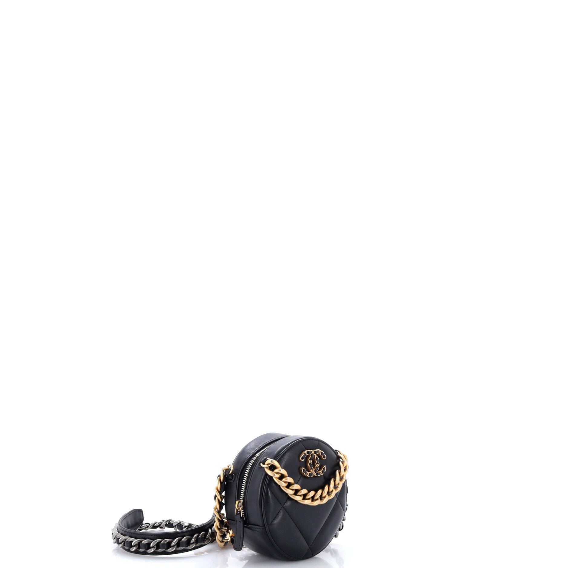 19 Round Clutch with Chain Quilted Leather
