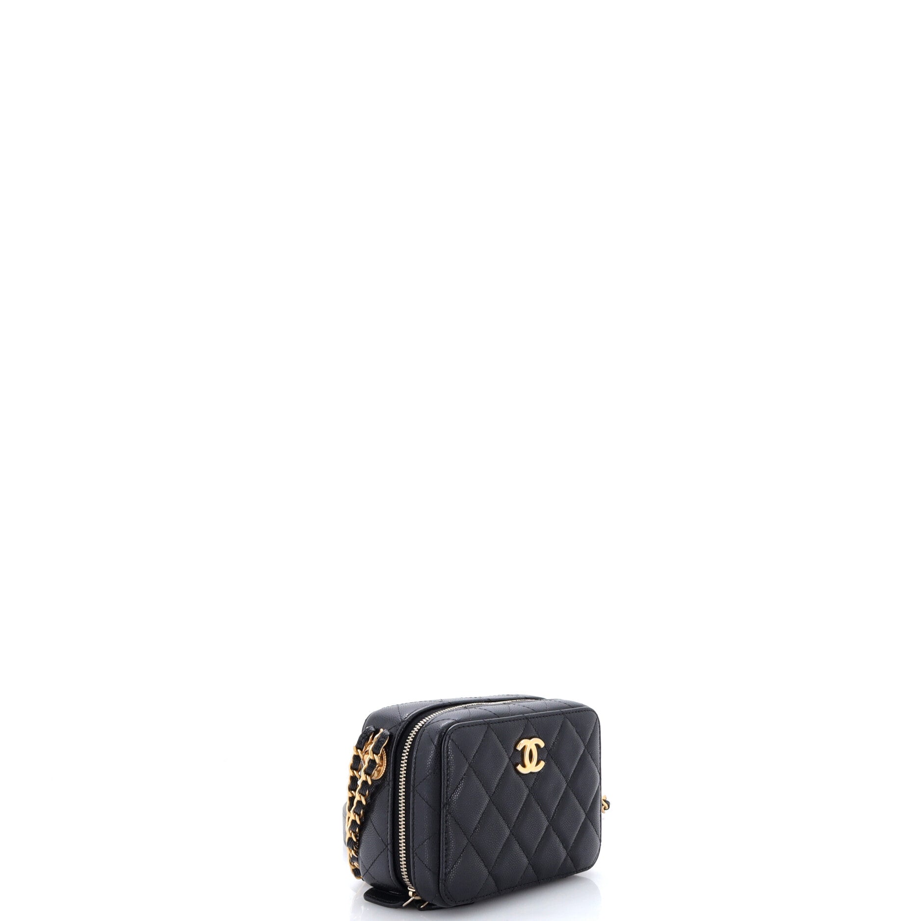 Twist Your Buttons Zip Around Vanity Case with Chain Quilted Caviar