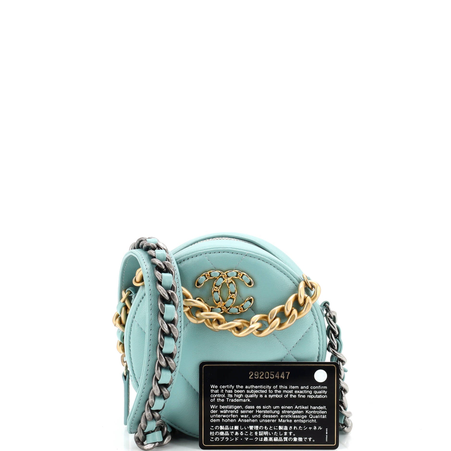 19 Round Clutch with Chain Quilted Leather