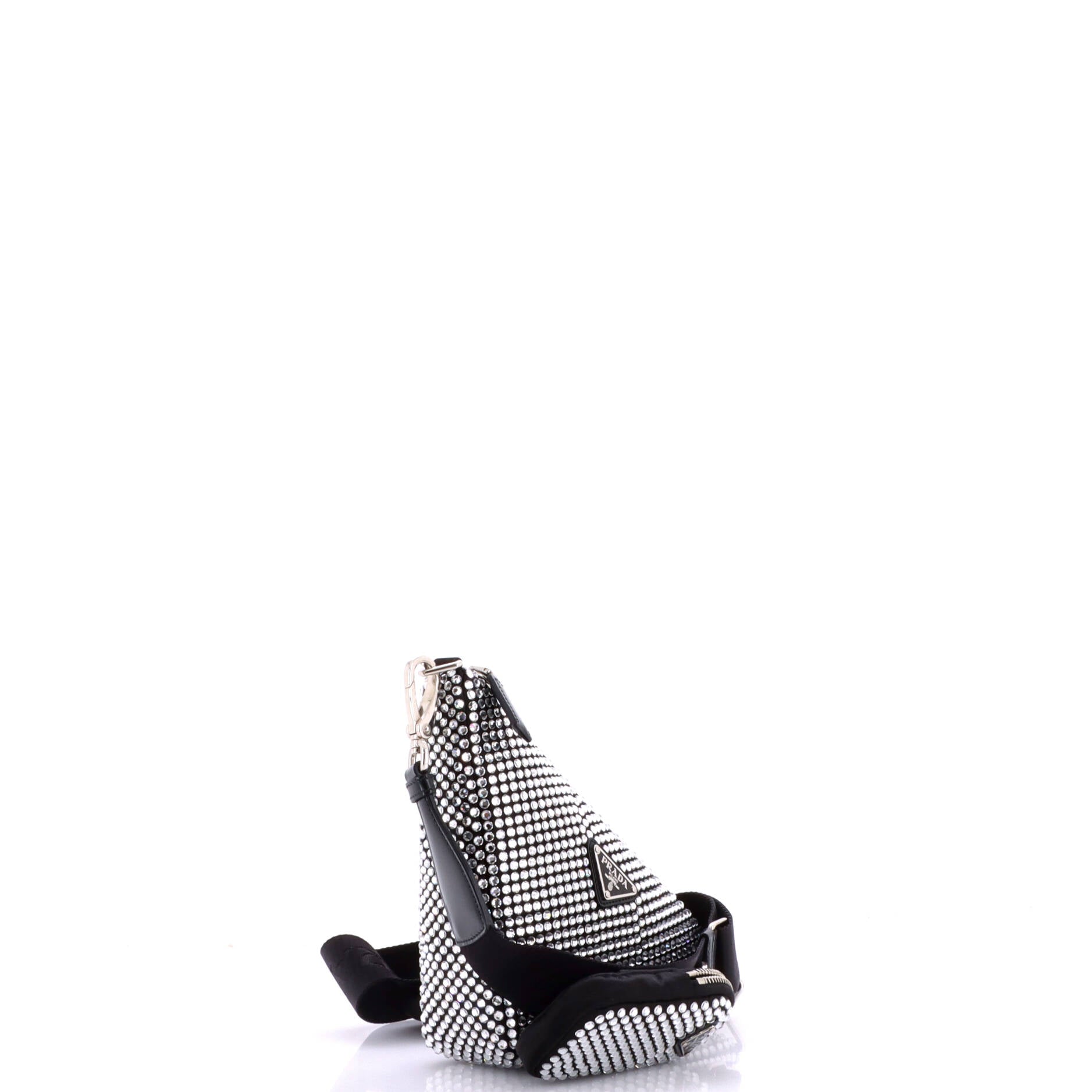 Triangle Logo Zip Crossbody Bag Crystal Embellished Satin Small