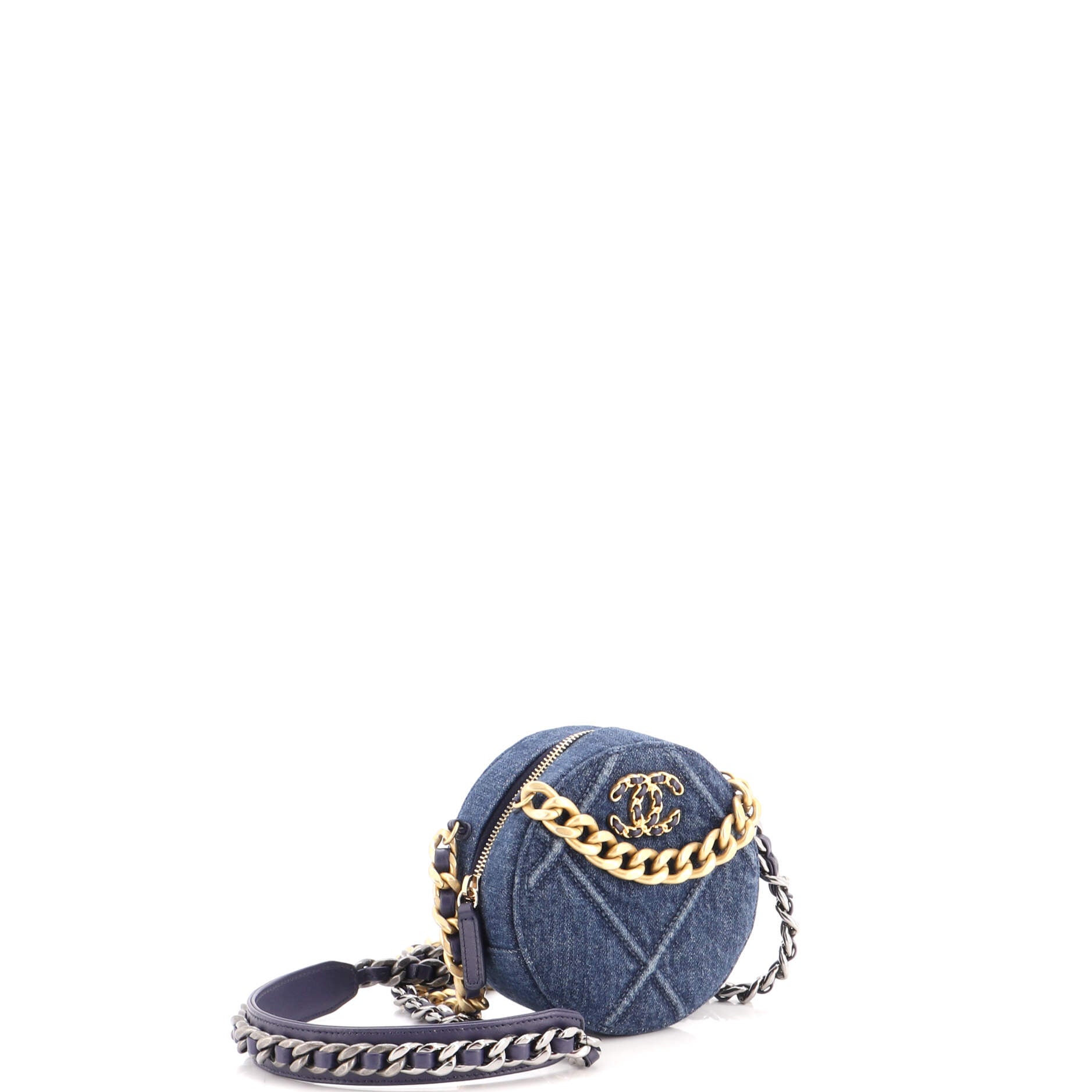 19 Round Clutch with Chain Quilted Denim