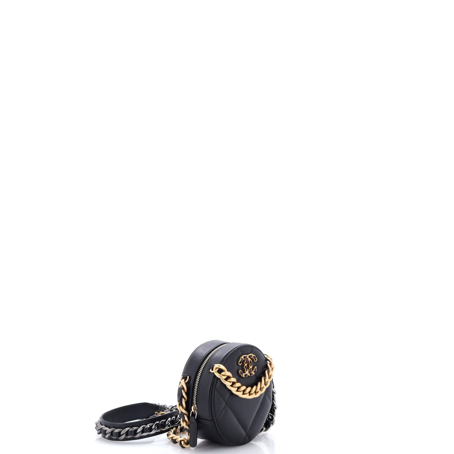 19 Round Clutch with Chain Quilted Leather