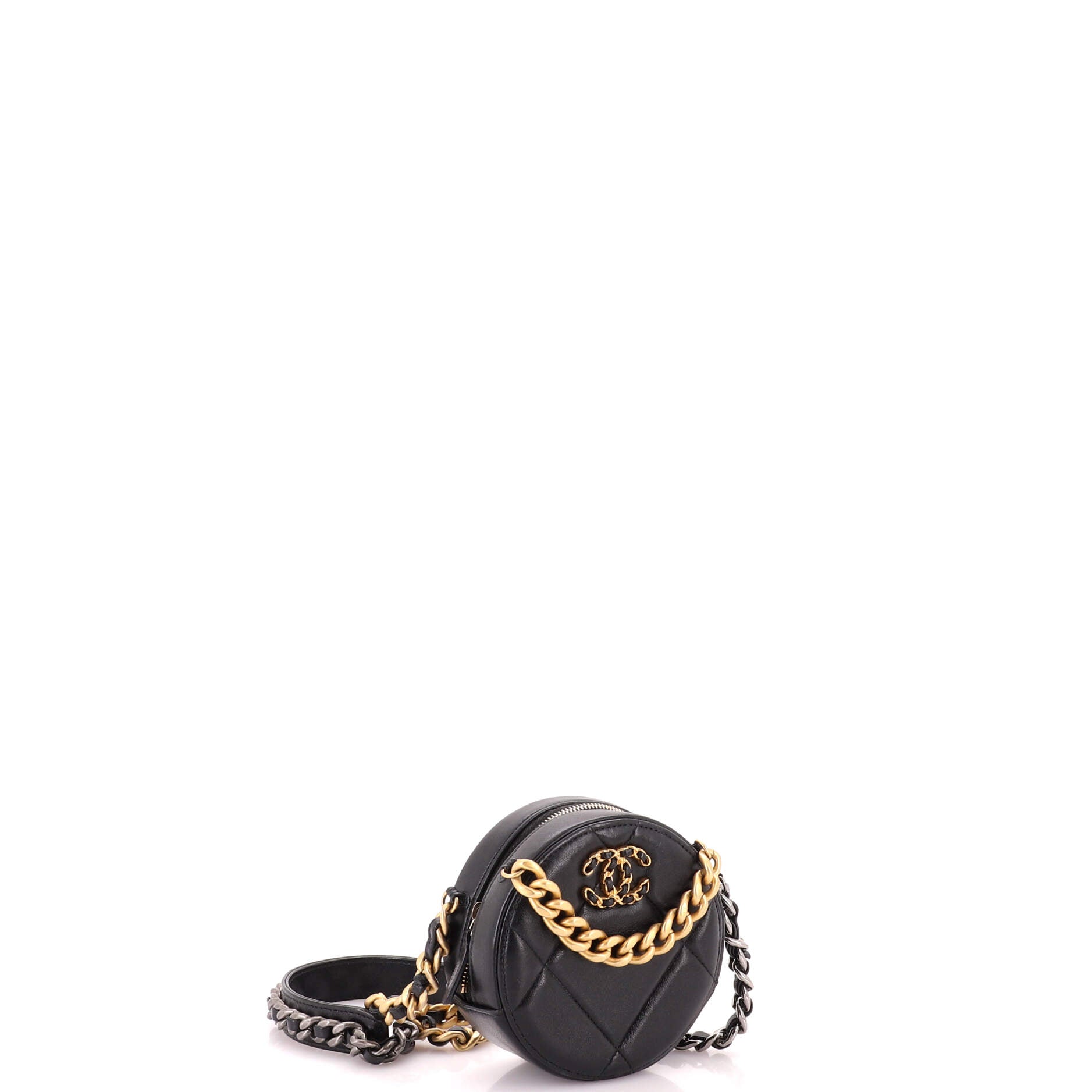 19 Round Clutch with Chain Quilted Leather